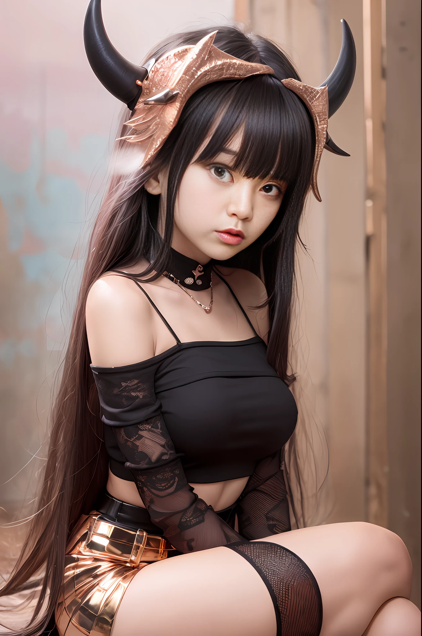 Rose gold skirt with black hair,she wears a demon mask on her head,White skin glare,