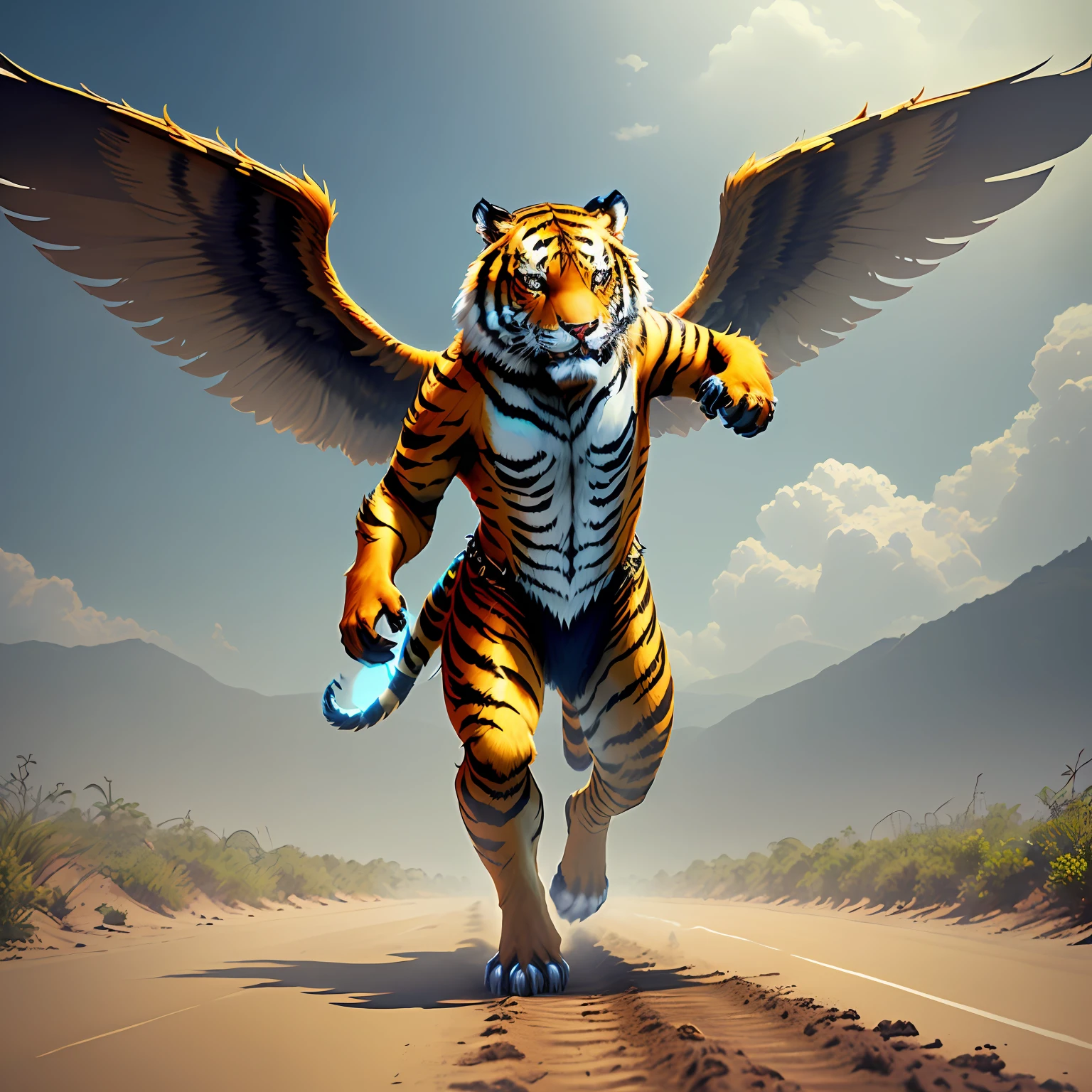 there is a tiger walking on a dirt road with wings spread, tiger of fire flying, tiger_beast, anthropomorphic tiger, digital art animal photo, highly realistic photo, 3 d epic illustrations, realistic illustration, with wings. ultra-detailed, ((tiger)), surreal hybrid animals, highly detailed animal, ultra realistic illustration, ultrarealistic illustration