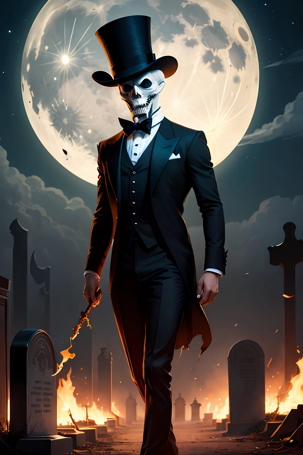 Skeleton with torn suit, old top hat, full moon, night, walking through the burning cemetery