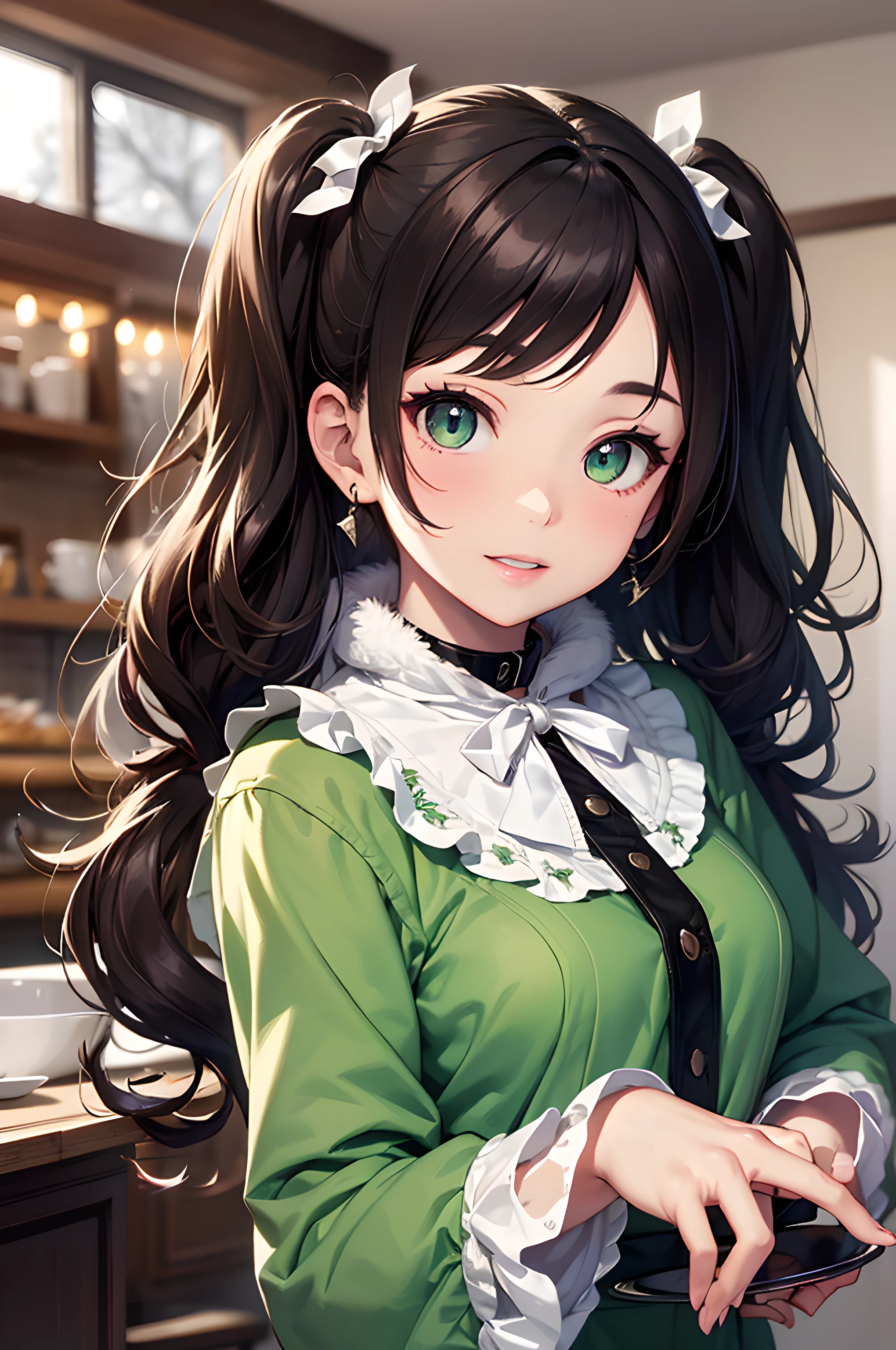 (masterpiece), (portrait), (aesthetic), (beautiful), (upper blody), (high quality), (aesthetic clothings), (professional angle), (rule of thirds), (Feminine), (woman), (female), (beautiful),(feminine features), (21 years), solo, 1 woman, (attractive Japanese), Winter, (Snowfall), (Morning), (Warm light), ((Holding Tray)), (Hands on Hips Hands), ((Looking Ahead Face)), ((Cheerful)), (Glamorous Make-up), (Moderate Bust), (Apron), ((Long Hair)), (Chestnut Hair), (Wavy Hair), (Pigtails hair), (Ribbon in Hair), (Wide Open Eyes), (Green Eyes), (Playful Look), Light skin, (Fur Collar Clothing), (Blouse), (-), (Skirt ), (Peter Pan Neckline), ((Café Interior background)), (Wide Shot Shot), beautiful hands, two hands, normal hands, two arms, complete hands, beautiful body, beautiful fingers, normal fingers, five fingers, five fingers, beautiful ears, normal ears, beautiful eyes, shiny eyes, beautiful mouth, beautiful lips,
