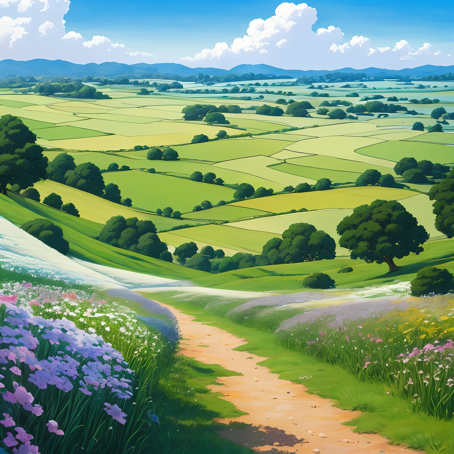 Realistic, authentic, beautiful and amazing landscape oil painting Studio Ghibli Hayao Miyazaki&#39;s petal grassland with blue sky and white clouds --auto --v6