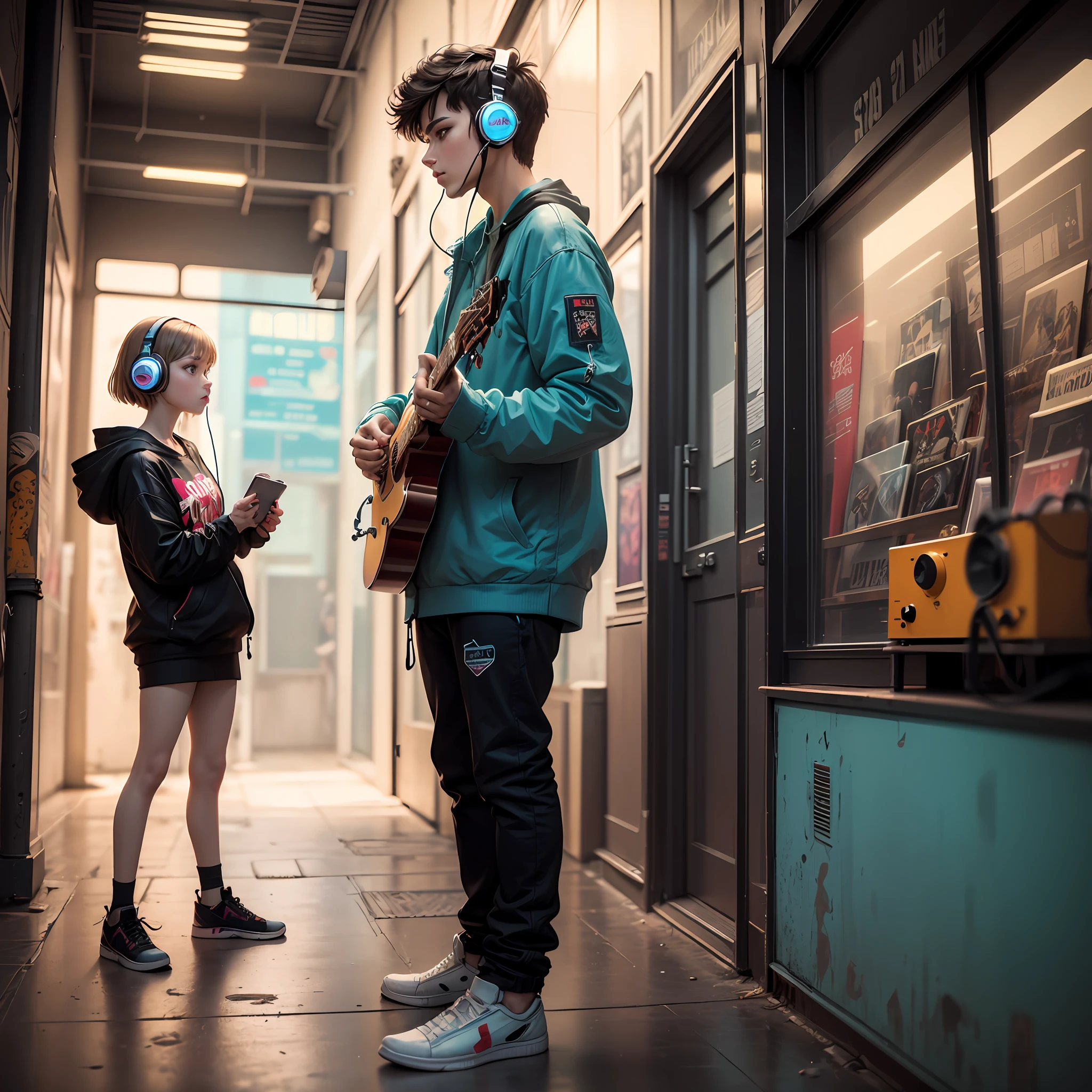 (longshot), wideshot, (movie noise), old cartoon, (many records: 1.3), vinyl record store, (masterpiece, high quality, highest quality, official art, beautiful and aesthetic: 1.2), (woman listening to music with 1 headphones), very detailed, (fractal art: 1.4), supreme detail, guitar, (notes: 1.4), (lo-fi hip-hop), side view, texture of old anime, solo, speaker, cyberpunk, lofi vinyl --auto