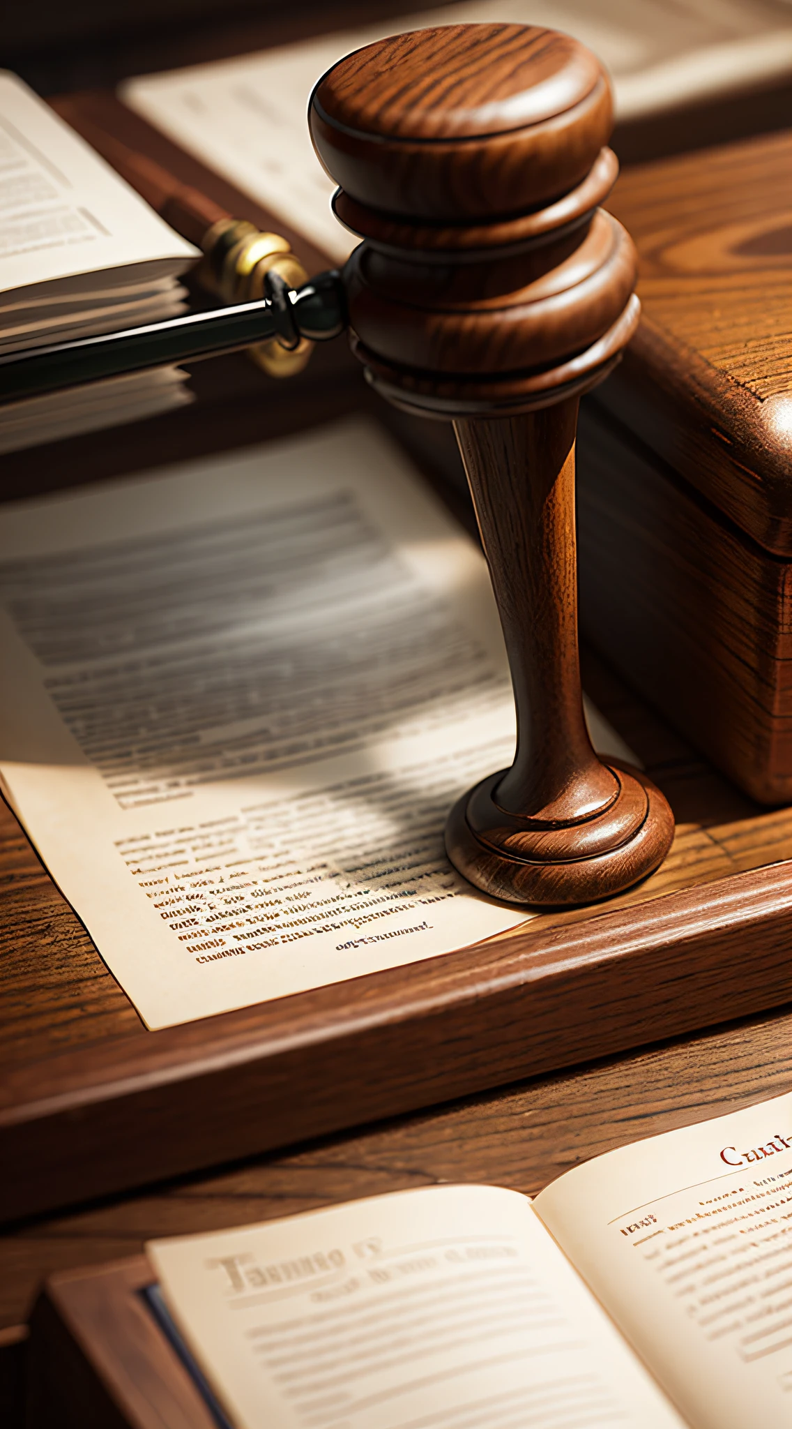The courtroom scene, (close-up of the table), the judge's gavel, reflected on the brown tabletop, reflects solemnity and solemnity --auto