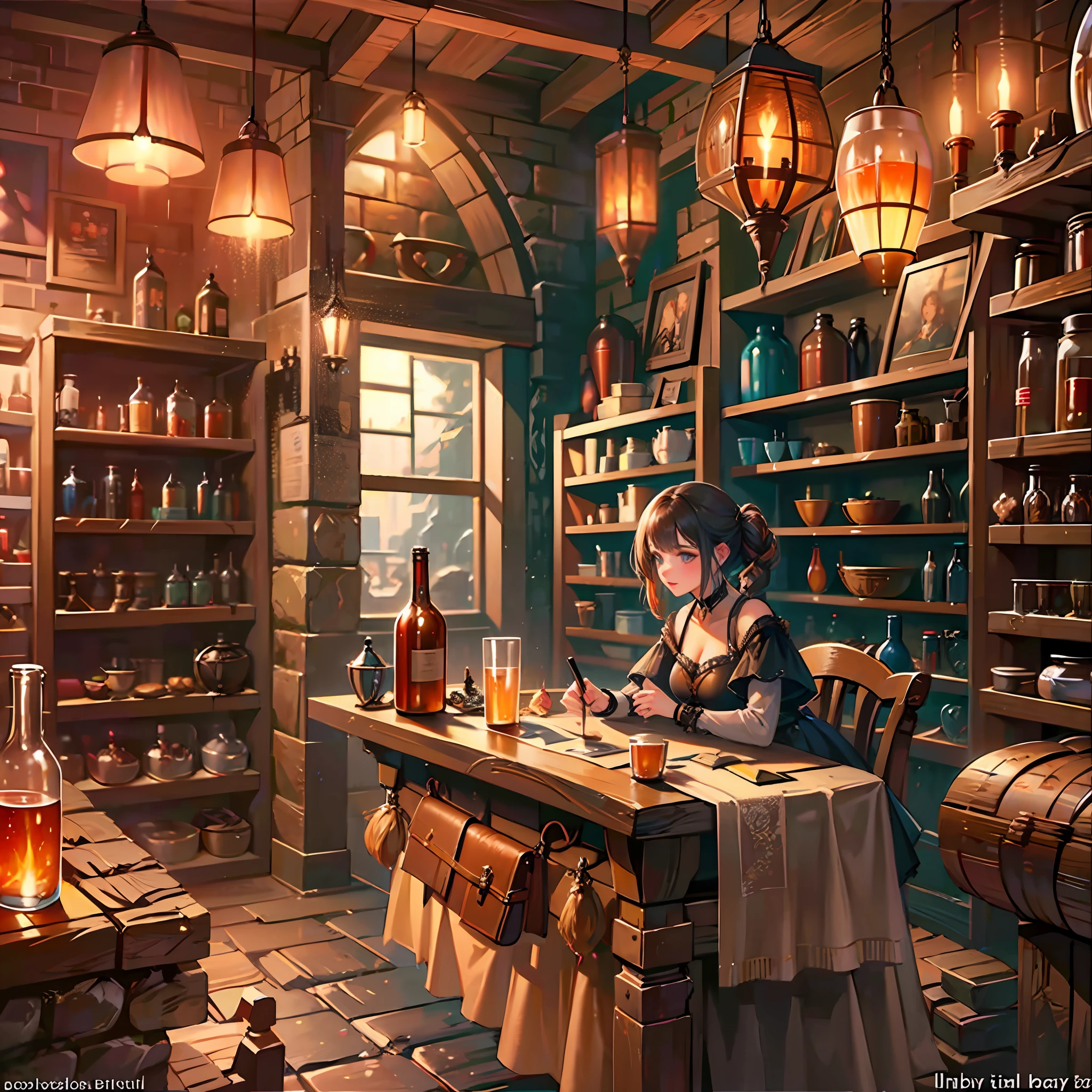 beautiful ginger women in detailed dress at cozy detailed potions shop, air above hair, IPA award wining, masterpiece, best lighting, best shadows, best reflections,