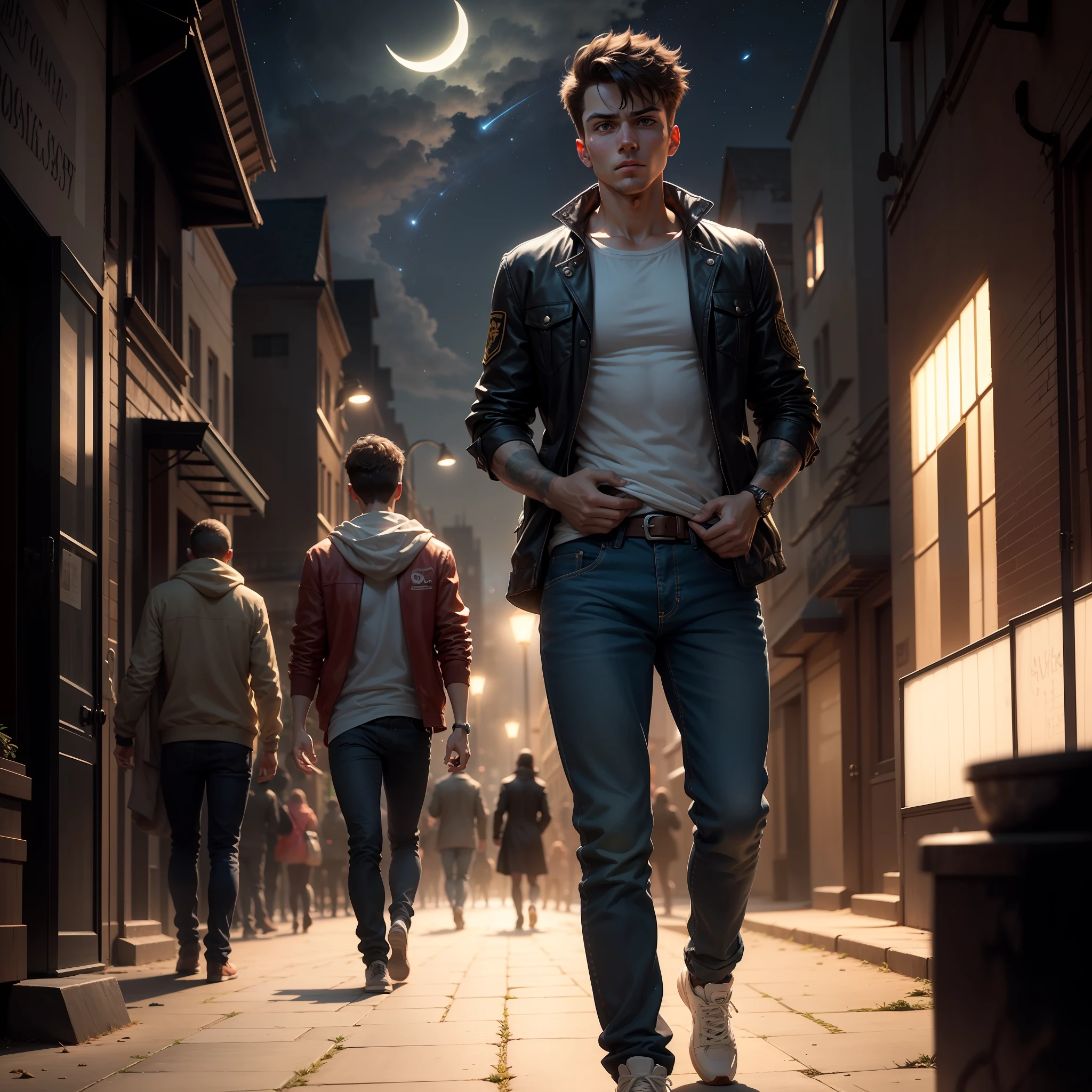 The image that illustrates chapter 1 "Awakening from the Shadows" is a stunning and engaging work of art, masterfully created to capture the mysterious and dark atmosphere that permeates this pivotal moment in history.
Bottom:
The scene takes place in a modern, bustling city at night. The towering skyscrapers rise all around, illuminated by artificial lights that impart a sense of movement and life. The night sky is dotted with bright stars, while the crescent moon lurks timidly among the clouds.
The Crossroads of the Shooting Stars:
In the center of the image, standing out in the middle of the city, is the crossroads of the Shooting Stars. This area is surrounded by an ethereal and unreal aura, composed of intertwined lights and shadows, creating a hypnotic effect. The crossroads seems to be a point of intersection between the physical world and the hidden world, exuding a sense of mystery and danger.
Luke:
In the midst of the crowd of people hurrying in the streets is the protagonist Lucas. He is a young man of about 20 years, with a striking and charismatic appearance. Her dark hair falls in misaligned locks over her forehead, and her eyes are an intense shade of green, which seem to glow with a light of their own.
Lucas wears a dark, battered jacket, which reveals a simple white T-shirt underneath. His dark jeans are worn out by wear, and his sneakers are covered in dust from the busy streets.
Expression of Restlessness:
Luke's face carries an expression of uneasiness and surprise as he holds the yellowed paper envelope with the cryptic message. His gaze is penetrating and focused, demonstrating the curiosity and determination that drive him to seek answers to the mysteries that surround him.
Subtle Details:
In addition to the main elements of the scene, the image also features subtle details that add layers of meaning to the narrative. Shadows and lights dance around Luke, symbolizing the duality that surrounds the l