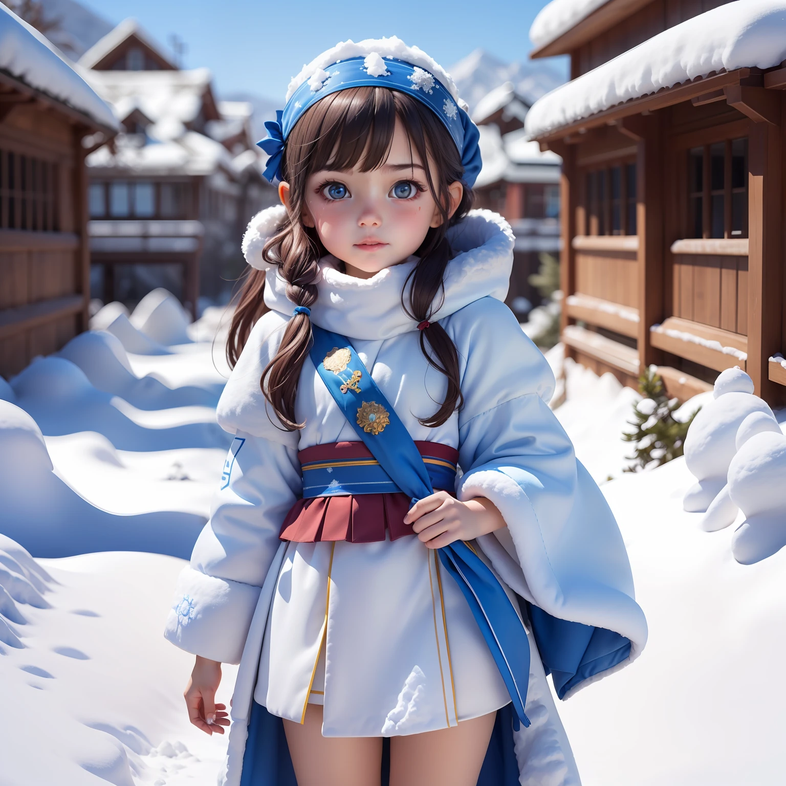 ((snowfield,snow scene)),((6ar old girl:1.5)), random poses,With an angle that captures the whole body,complete anatomy,(((wide Blue headband ))), 1 girl,high eyes,tall eyes, natural light,(white fur ),(Sniper Stance) ,bouncing hair,Ainu folk costume,beautiful girl with fine details, Beautiful and delicate eyes, detailed face, Beautiful eyes, beautiful shining body,(snow mountain blue sky:1.5), (best quality:1.3), reflections, detailed background,(masterpiece), (8k quality:1.4), (ultra highres:1.2), (hyperrealistic:1.4), (photorealistic:1.2),outdoor lighting ,masterpiece, black hair, blue eyes, pale white skin, tiny body, slender body,