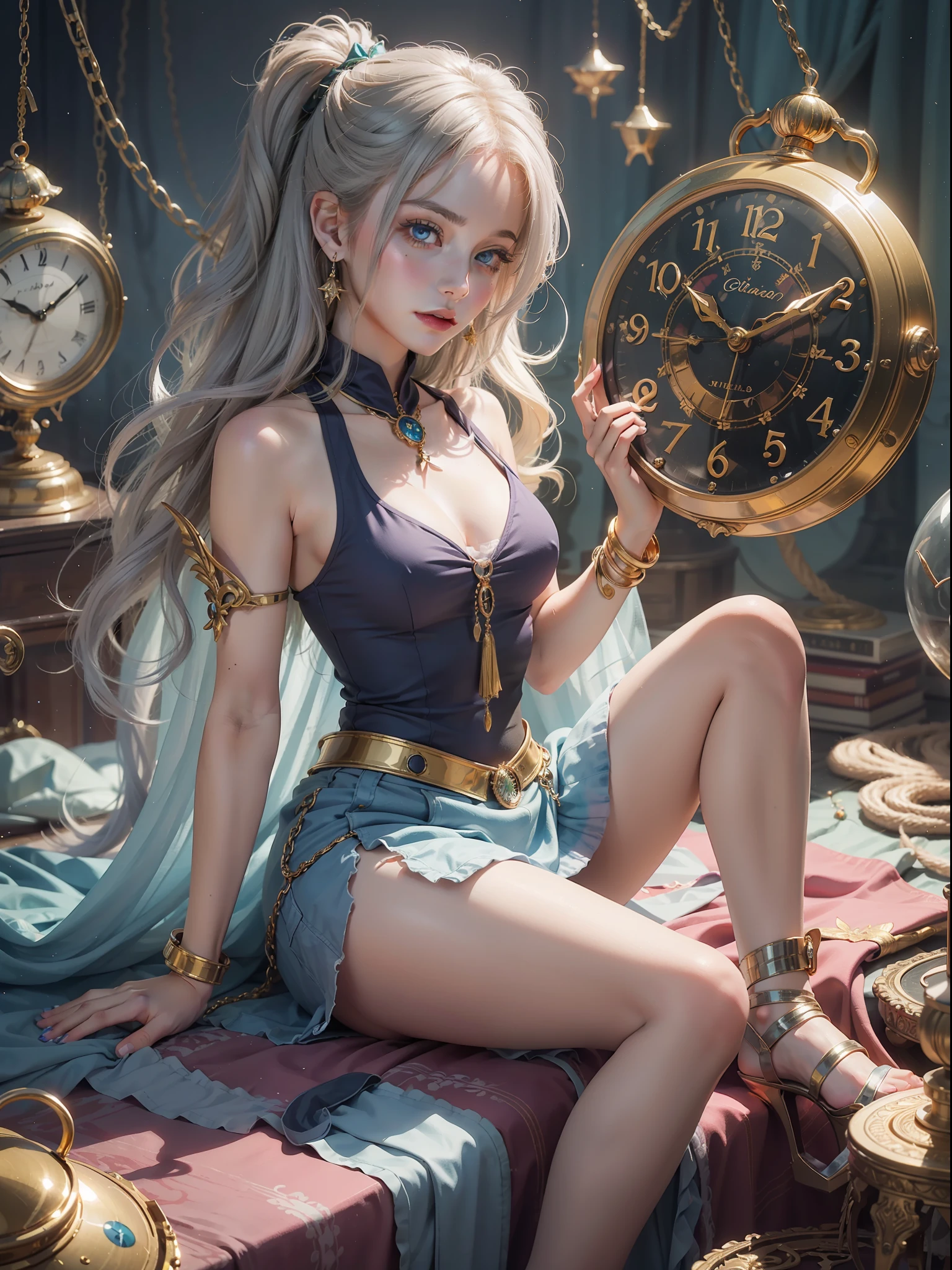 3d anime, watercolor, colorful, whimsical, liquid otherworldly, fairy lights, otherworldly plants, abstract fantasia background, beautiful girl in flowing ballgown, liquid light, princess, sharp focus, highly detailed, 8k, golden ratio face, perfect face, beautiful eyes,
masterpiece, best quality.
Golden ratio on Center a mystical face on Light in light, eyeslighting bottom light, Full body portrait of a young woman with a white purple and green tie dye mini skirt tank top outfit, clear distinct light blue realistic eyes; sitting,Clockmakers Workshop full of clocks of all shapes and sizes gears and mechanisms golden silver and gray