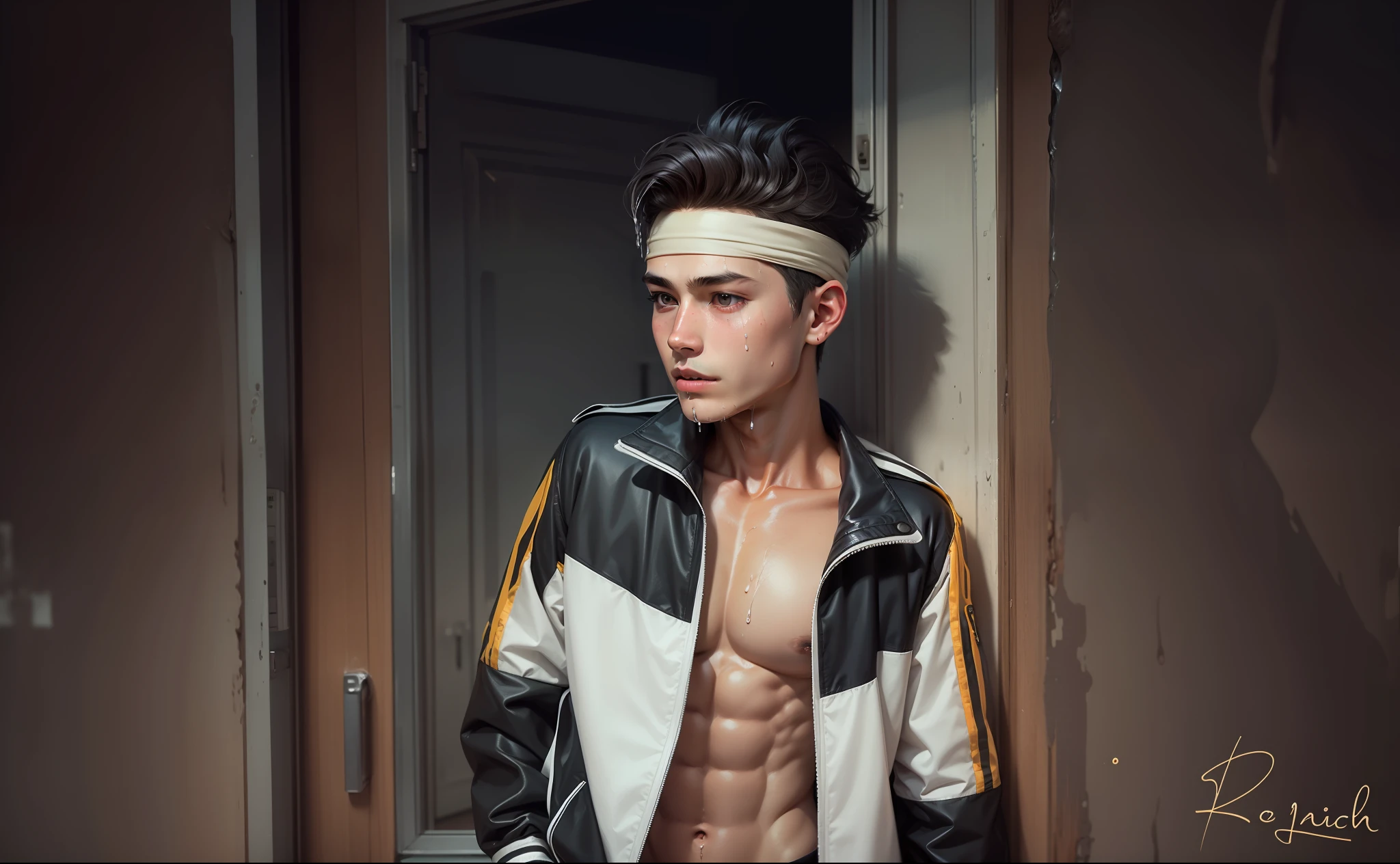 A boy with wet hair ( highly detailed skin) change the des8 of jacket ( normal body with six pack) change background