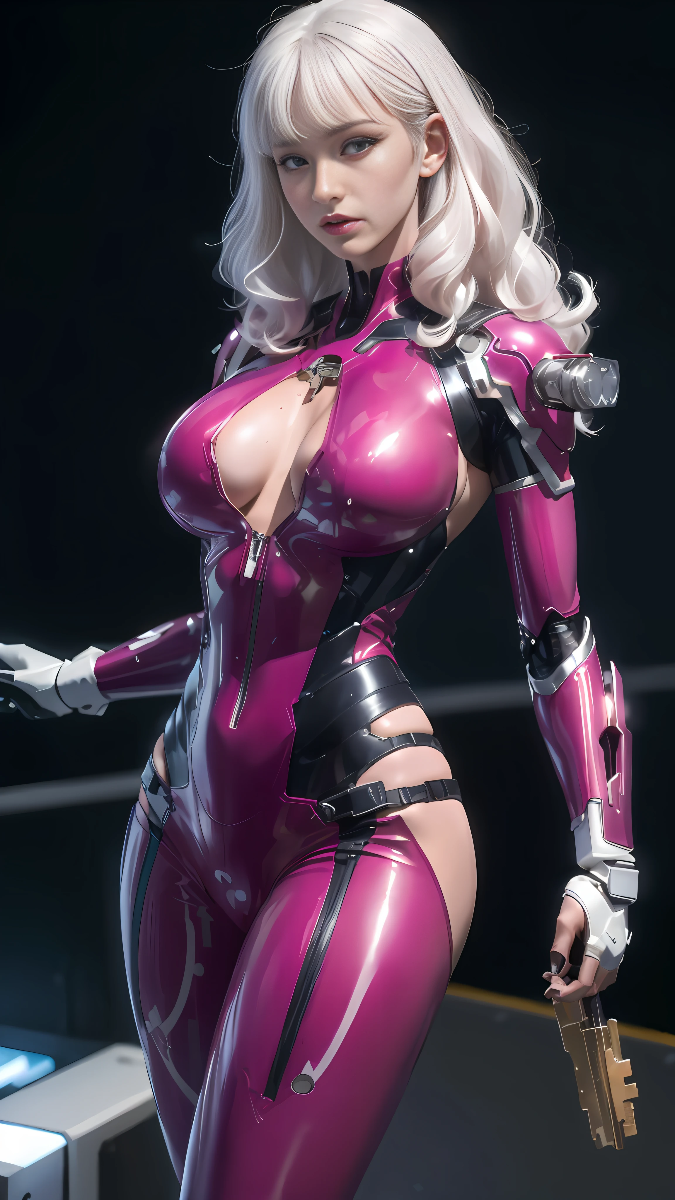 a close up of a woman in a pink suit holding a gun, slick pink armor, streamlined pink armor, gynoid cyborg body, sharp silver armor fuchsia skin, biomechanical oppai, gynoid body, pink body, girl in mecha cyber armor, matte pink armor, oppai cyberpunk, cybersuit, fuchsia skin beneath the armor