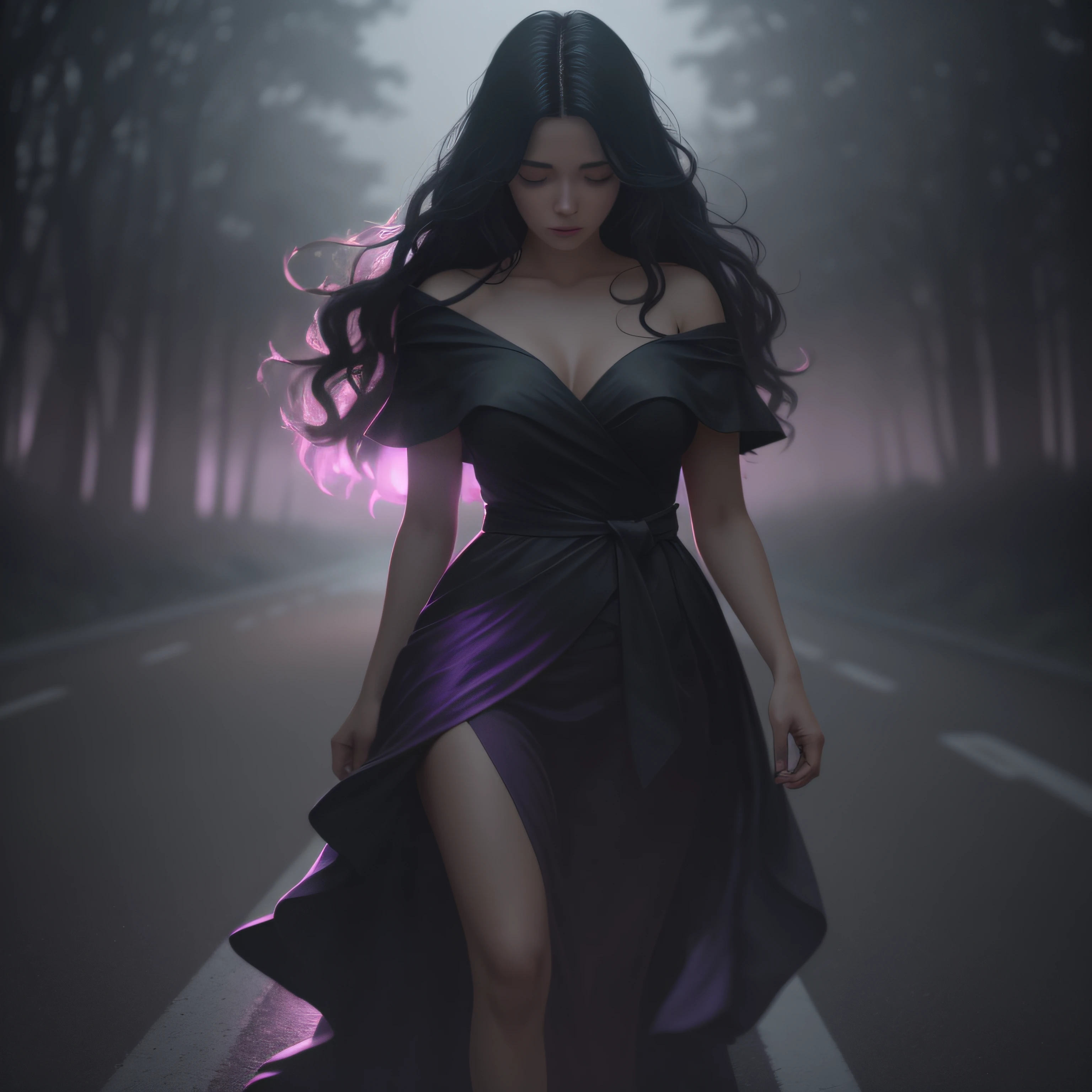 Woman walking head-on down a road at night, with fog and shadows, wavy and long black hair, detailed hand and fingers, high quality, ultra-detailed, 8k, masterpiece, (volumetric lighting), black magic, fanciful, lilac colors, purple, black and vivid shadows on the woman's return. --auto --s2