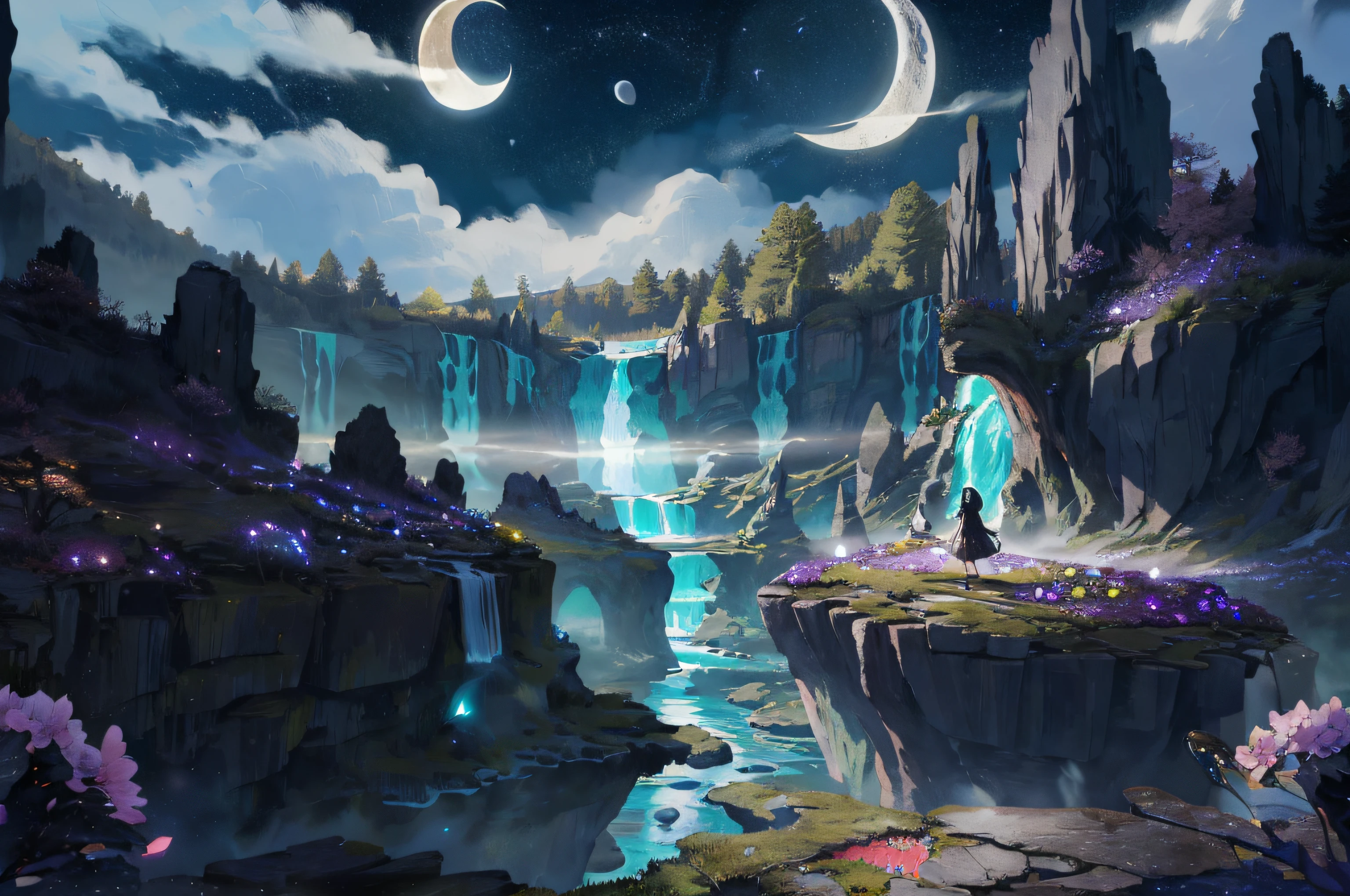 (masterpiece,best quality,highres,ultra_detailed:1.2),
(1girl,solo:1.2),flat_chest,petite,detailed_face,ahoge,detailed_eyes,
(black_hair,short_chopped_hair:1.5), (animal_ears|cat_ears:1.3),aqua_eyes, (black_hoodie,oversized:1.2),choker,long_bangs,(hood_down),denim_shorts,sneakers,
(detailed_background),landscape,((night,moon,starry sky,milky_way:1.5)),dark,((flowers:1.6)),
fantasy, light_particles,ruins:0.5, pond|river, stone forest|stone pillars, waterfall, cliff, sakura,floating,Style-Petal:0.5,mist:0.4,magic,