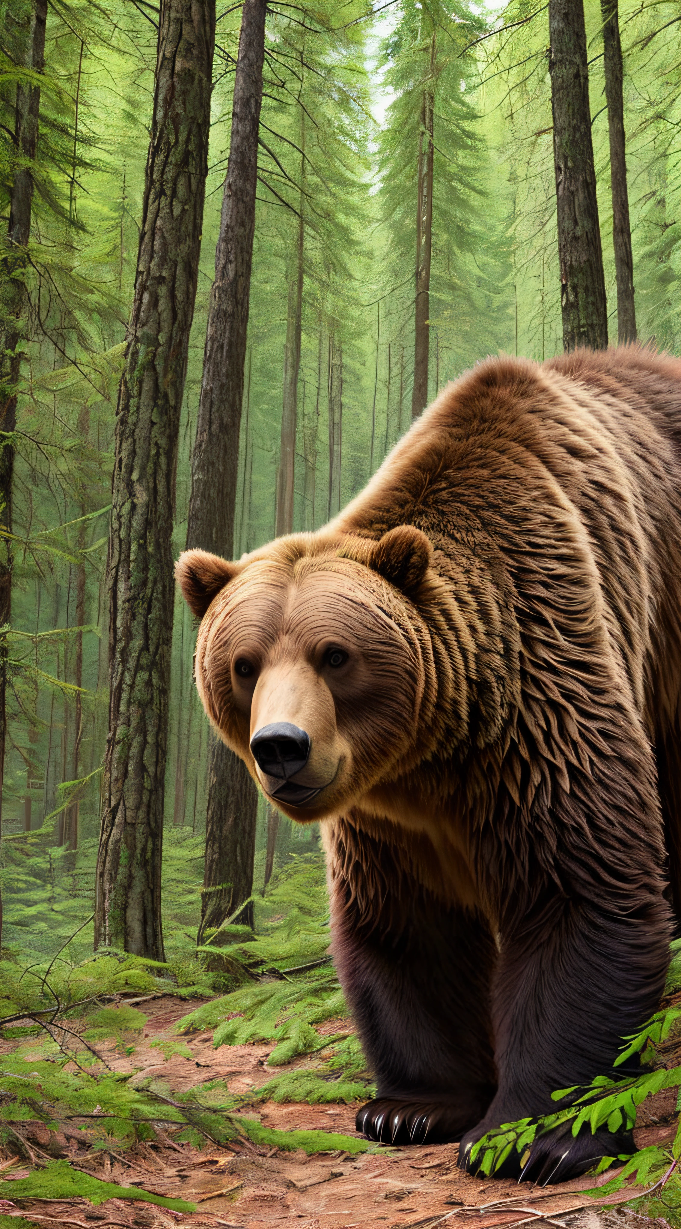 Realistic photo, a grizzly bear among the trees in a forest clearing. --auto