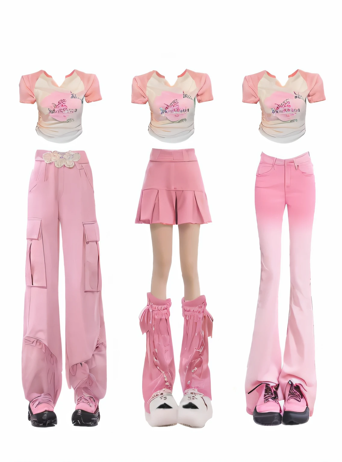 three different views of a woman in pink pants and a white top, pink clothes, ((pink)), y 2 k aesthetic, y2k aesthetic, y 2 k fashion, y 2 k style, y2k style, 🎀 🧟 🍓 🧚, some pink, realistic clothing, (pink colors), very aesthetic!!!!!!, pink pastel