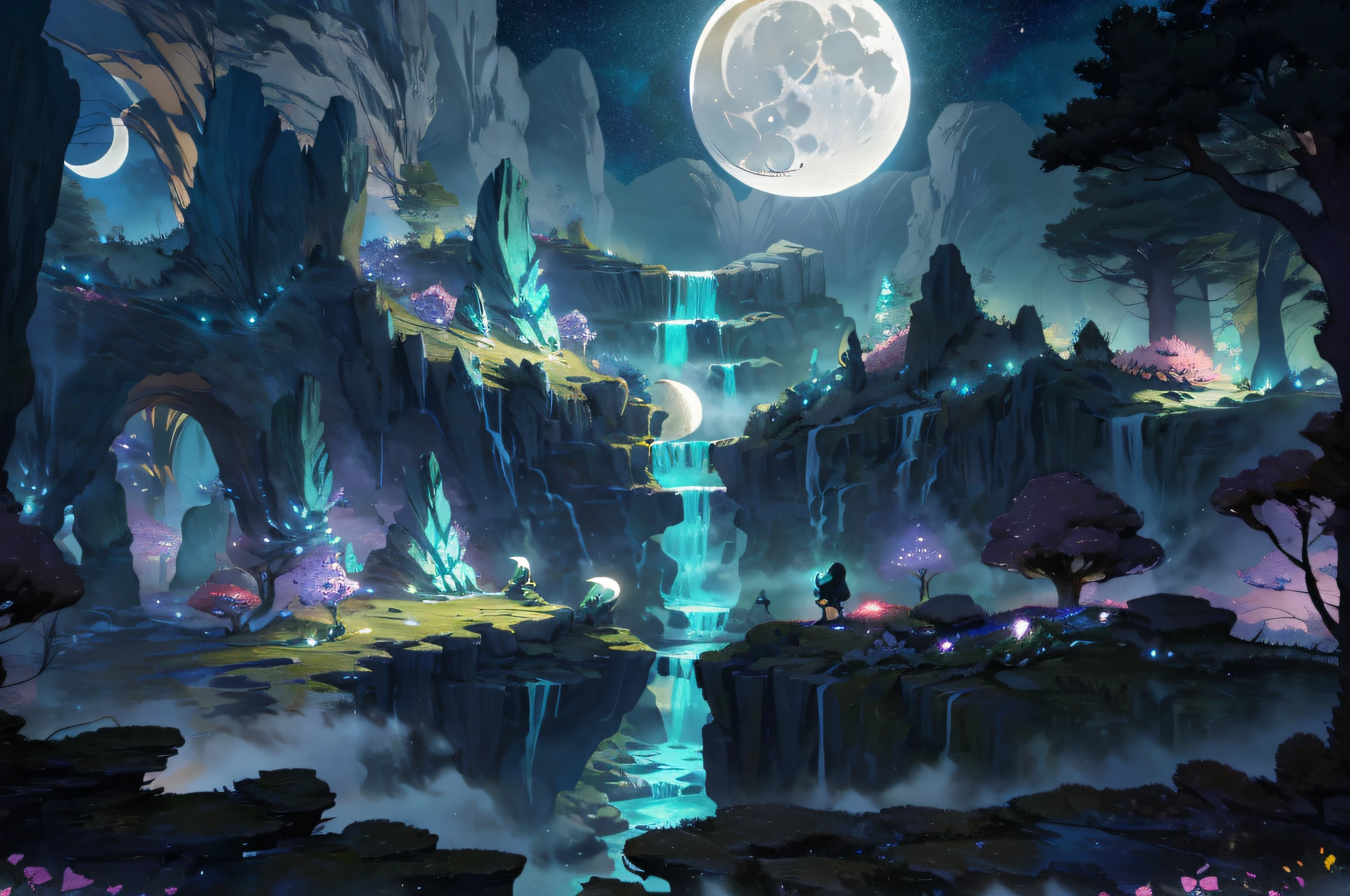 (masterpiece,best quality,highres,ultra_detailed:1.2),
(1girl,solo:1.2),flat_chest,petite,detailed_face,ahoge,detailed_eyes,
(black_hair,short_chopped_hair:1.5), (animal_ears|cat_ears:1.3),aqua_eyes, (black_hoodie,oversized:1.2),choker,long_bangs,(hood_down),denim_shorts,sneakers,
(detailed_background),landscape,((night,moon,starry sky,milky_way:1.5)),dark,((flowers:1.6)),
fantasy, light_particles,ruins:0.5, pond|river, stone forest|stone pillars, waterfall, cliff, sakura,floating,Style-Petal:0.5,mist:0.4,magic,