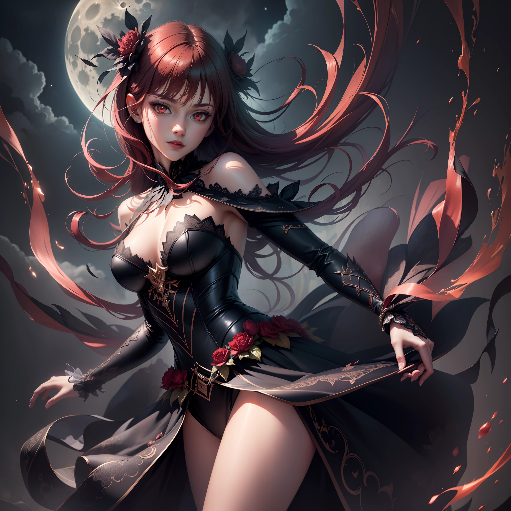 (extremely detailed CG 8k wallpaper unit, masterpiece, best quality, ultra-detailed), (better lighting, better shadow, an extremely delicate and beautiful), floating, magician, red eyes, black hair, black gothic dress,full body,sexy moonlit night, ethereal, charming, dark and mysterious environment