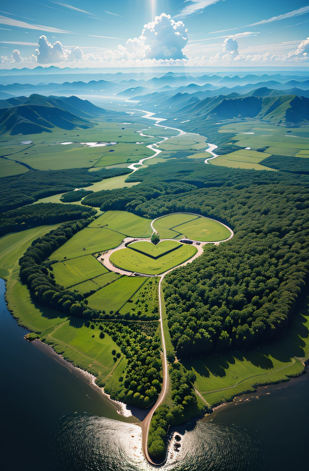 Aerial view is a heart-shaped river over a green field, A beautiful land art, Heart-shaped shape made of flowers, swampy, land Art, stunning sight, See from above, A stream of love and happiness, Shoot from above, Shoot from above, Form a heart with your neck, Look directly above, elaborate composition, amazing depth, from ABOVE, Surrealism, high detail, rococo style, chiaroscuro, cinematic lighting, sparkle, Hasselblad, Sony FE GM, Surrealism, chiaroscuro, cinematic lighting, god rays, wide shot, panorama, Sony FE GM, Fujifilm, UHD, retina, masterpiece, ccurate, anatomically correct, super detail, high details, high quality, highres, best quality, super detail, award winning, 8k --auto
