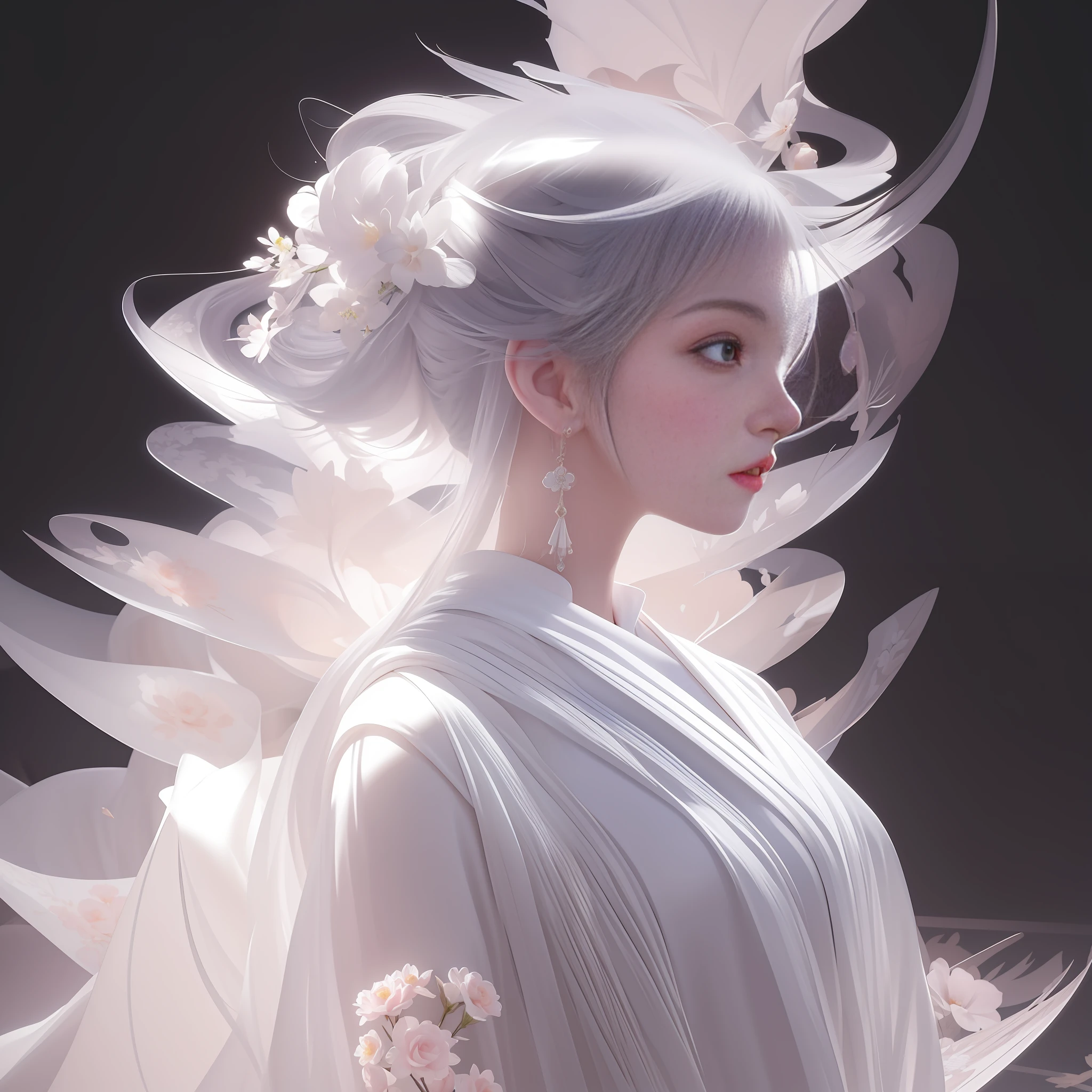 Close-up of a woman in a white dress and flowers, inspired by Zheng Yanjun, Russell Dongjun Lu, Guvez style artwork, stunning digital illustrations, beautiful digital illustrations, popular on cgstation, exquisite digital illustrations, elegant digital art, created by Cheng Yanjun, inspired by Ai Xuan, beautiful digital artwork, open your eyes