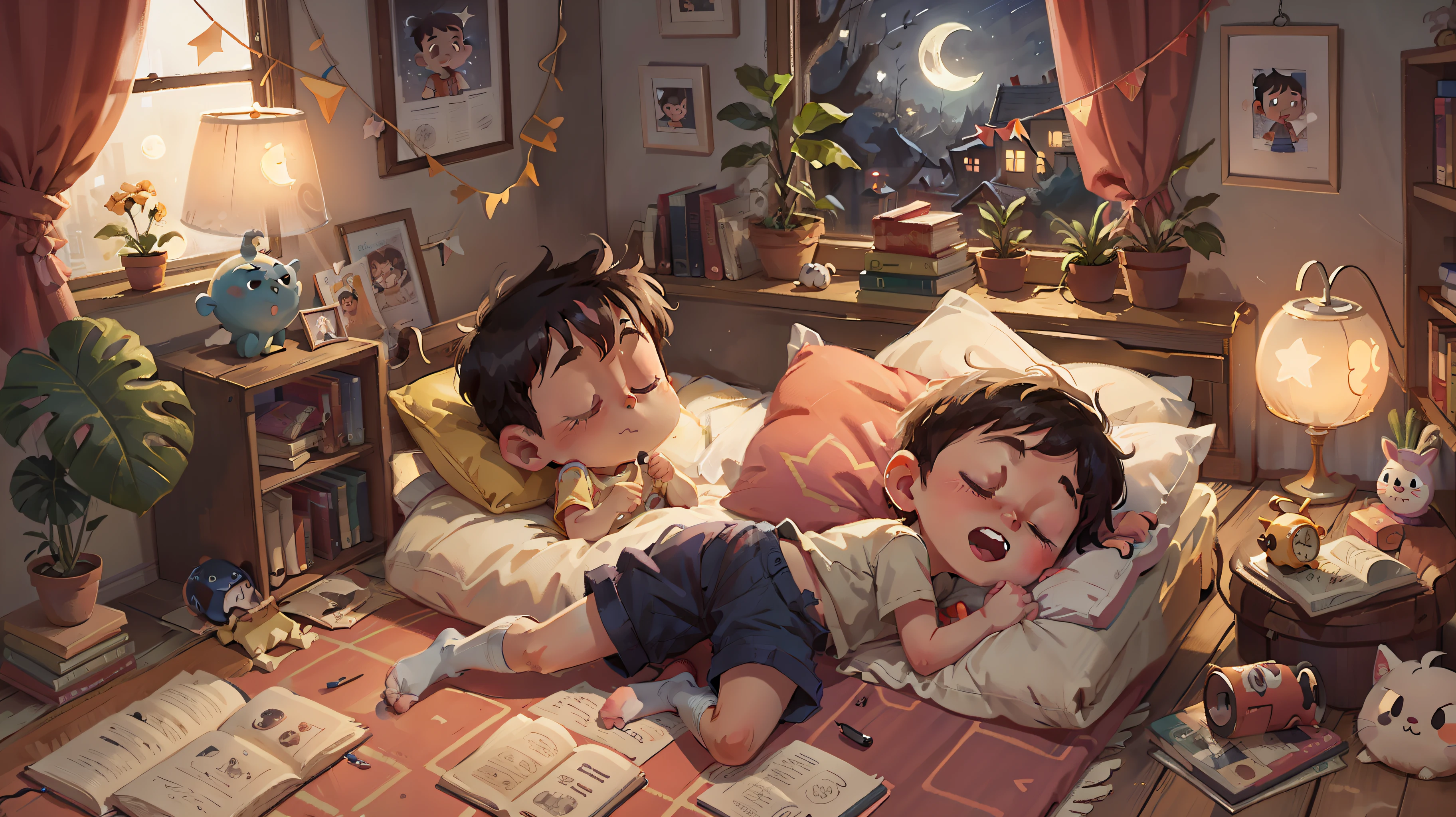 boy, 3 years old, bed, kids room,happy, window, alone, night,fast sleeping,moonlight