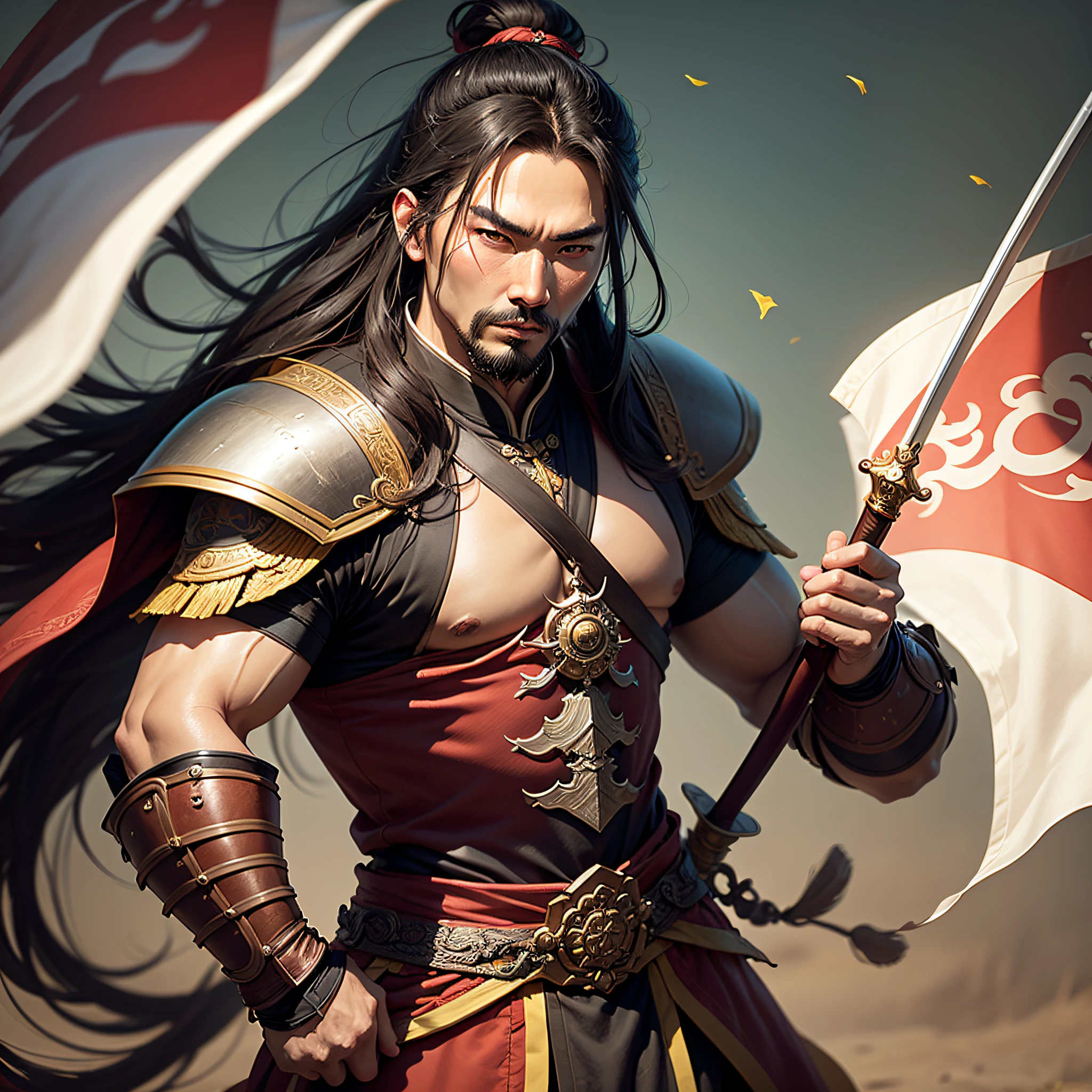 Close-up of a man holding a flag and a sword, male, by Yang J, Xian Xia Hero, Martial General, Guan Yu, inspired by Huang Shen, inspired by Li Rongjin, Zhao Yun, Chinese warrior, inspired by Guan Daosheng, Liang Xing, inspired by Puhua, inspired by Guo Chun, inspired by the Three Kingdoms --auto