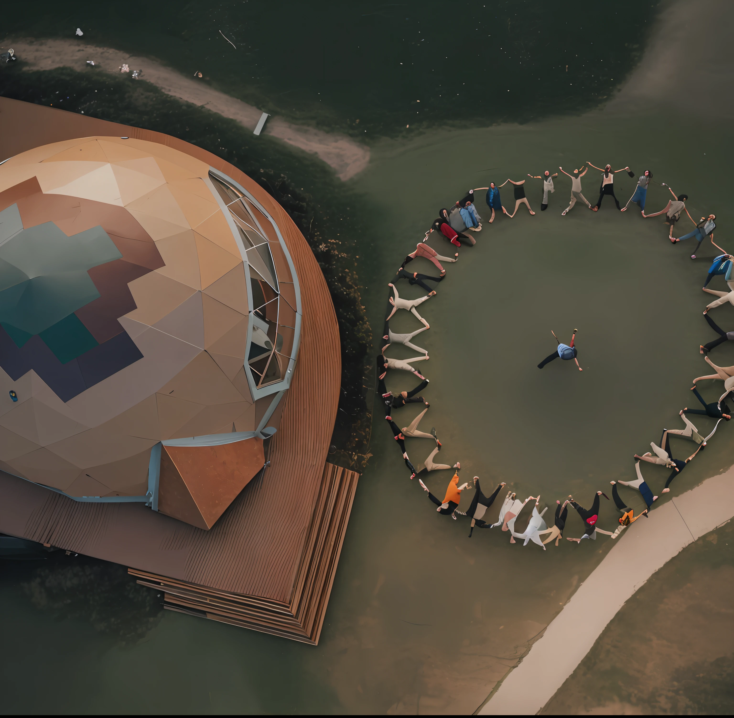 aerial view of a group of people standing in a circle, inspired by Buckminster Fuller, geodesic dome, seen from above, shot from a drone, people facing fire circle, top-down shot, geodesic domes, view from above, geodesic building, by Attila Meszlenyi, photo from above, geodesic