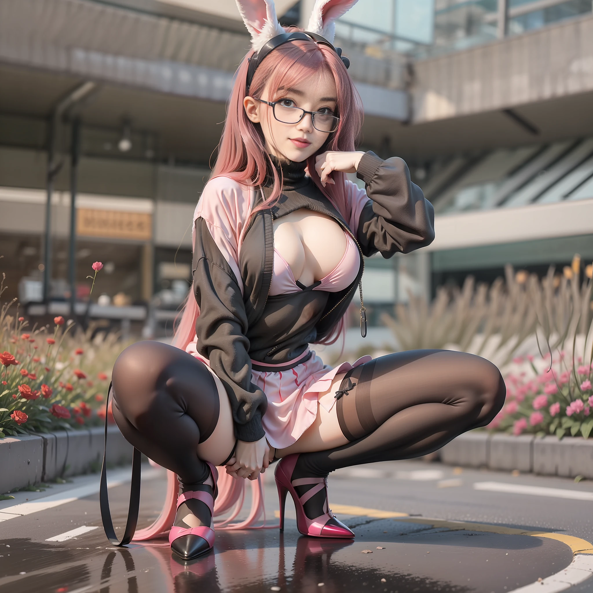 Best quality, girl, black pantyhose, bunny girl costume, high heels, facing the audience, squatting on the ground, long pink hair, shyness, glasses