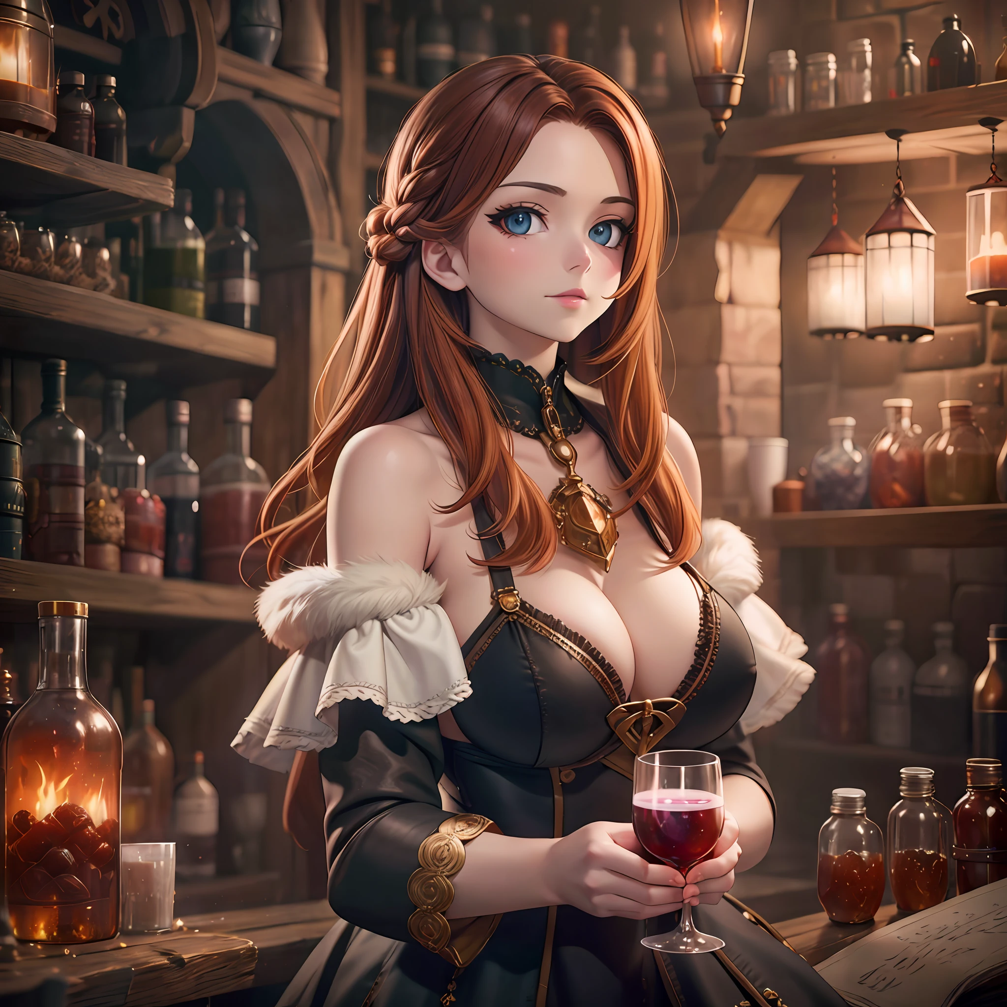 beautiful ginger women in detailed dress at cozy detailed potions shop, air above hair, IPA award wining, masterpiece, best lighting, best shadows, best reflections,