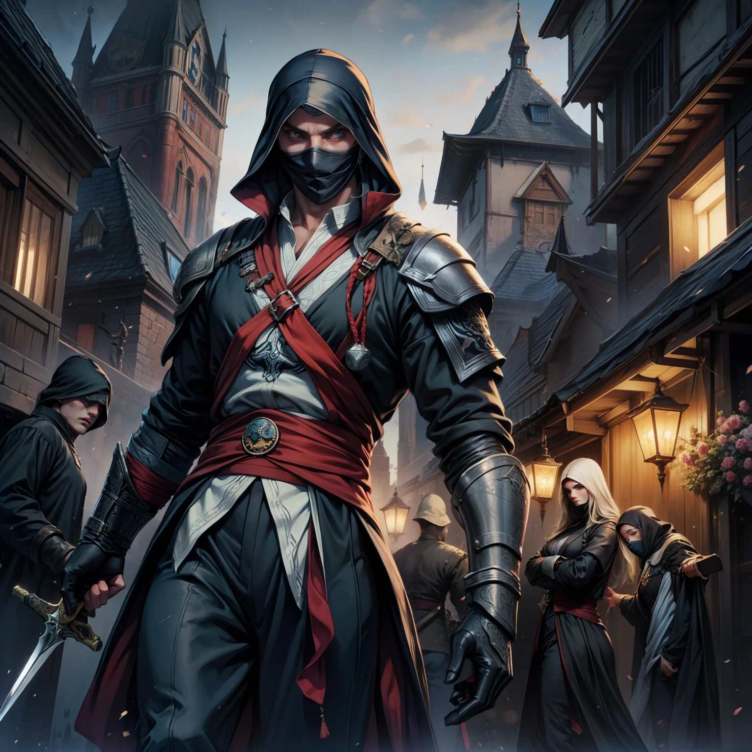 A masked killer in a night suit, a ninja. With a sword on his back and a dagger in his hand. The background is medieval European city rooftops, streets, Assassin's Creed style