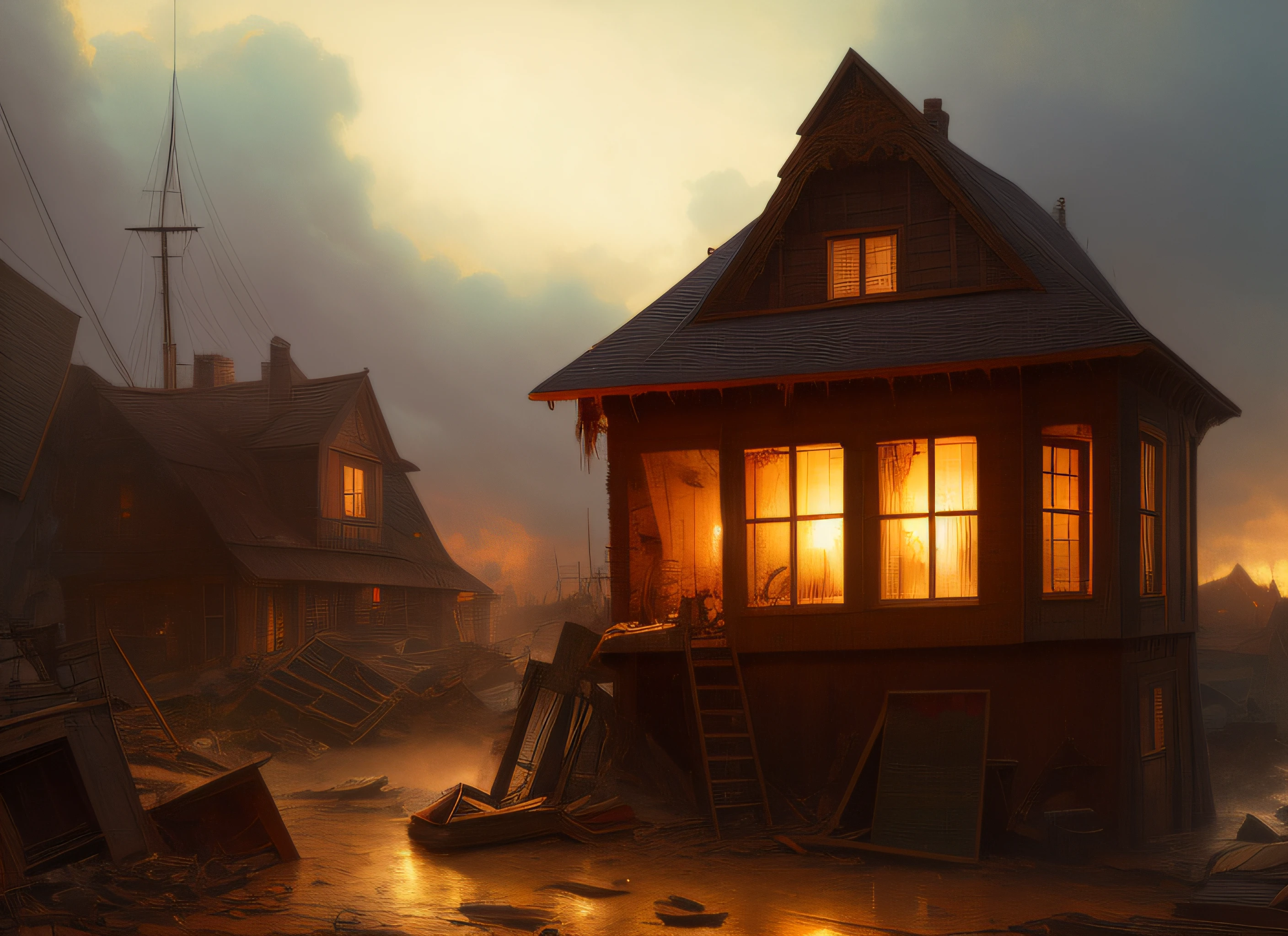 surrealist vintage style, a wooden house being destroyed by devastating hurricane, cinematic details, masterpiece, magnificent art, ambient luminosity, real ambient colors, Adobe Illustration, Trend on Artstation, 8K, hd, by Andreas Achenbach