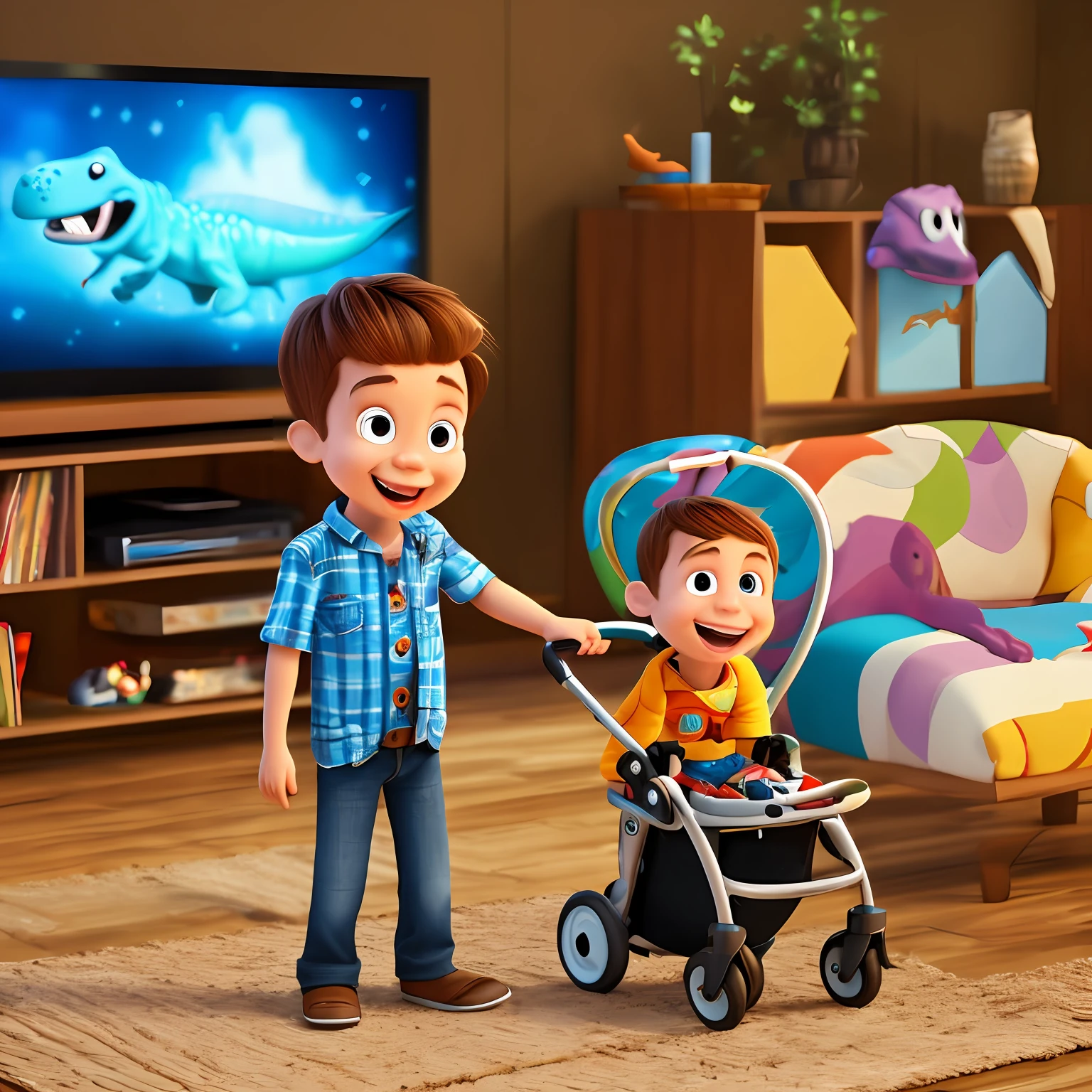 A handsome happy brunette boy, of Latin origin, standing very short brown hair, wearing a dinosaur costume, playing with a stroller, at home, background TV, child, toon, pixar style, 3d, cartoons, detailed face, asymmetrical --auto