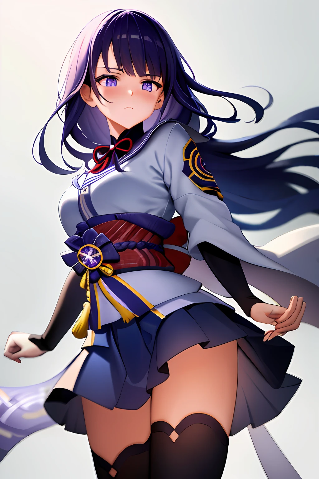 masterpiece, highres, best quality, shogun_raiden, 1girl solo, embarrassed face, school uniform, strong wind turning skirt up and hair, white panties, low angle, camera under skirt between legs, upskirt,