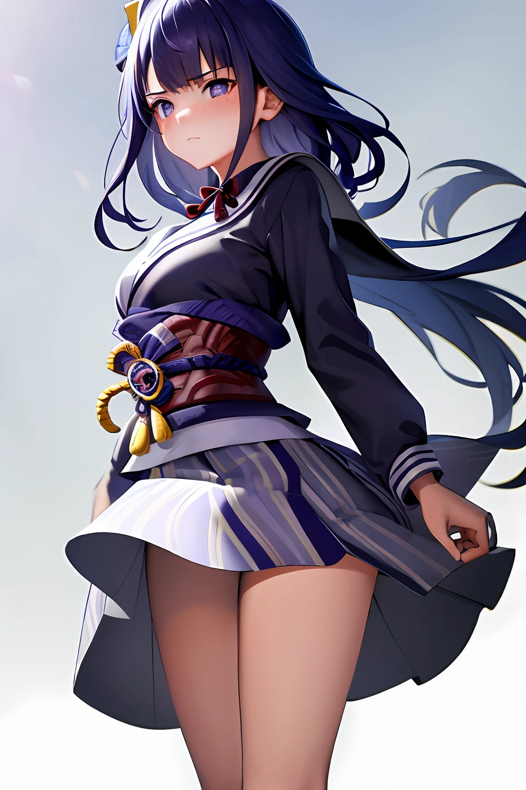 masterpiece, highres, best quality, shogun_raiden, 1girl solo, embarrassed face, school uniform, strong wind turning skirt up and hair, white panties, low angle, camera under skirt between legs, upskirt,
