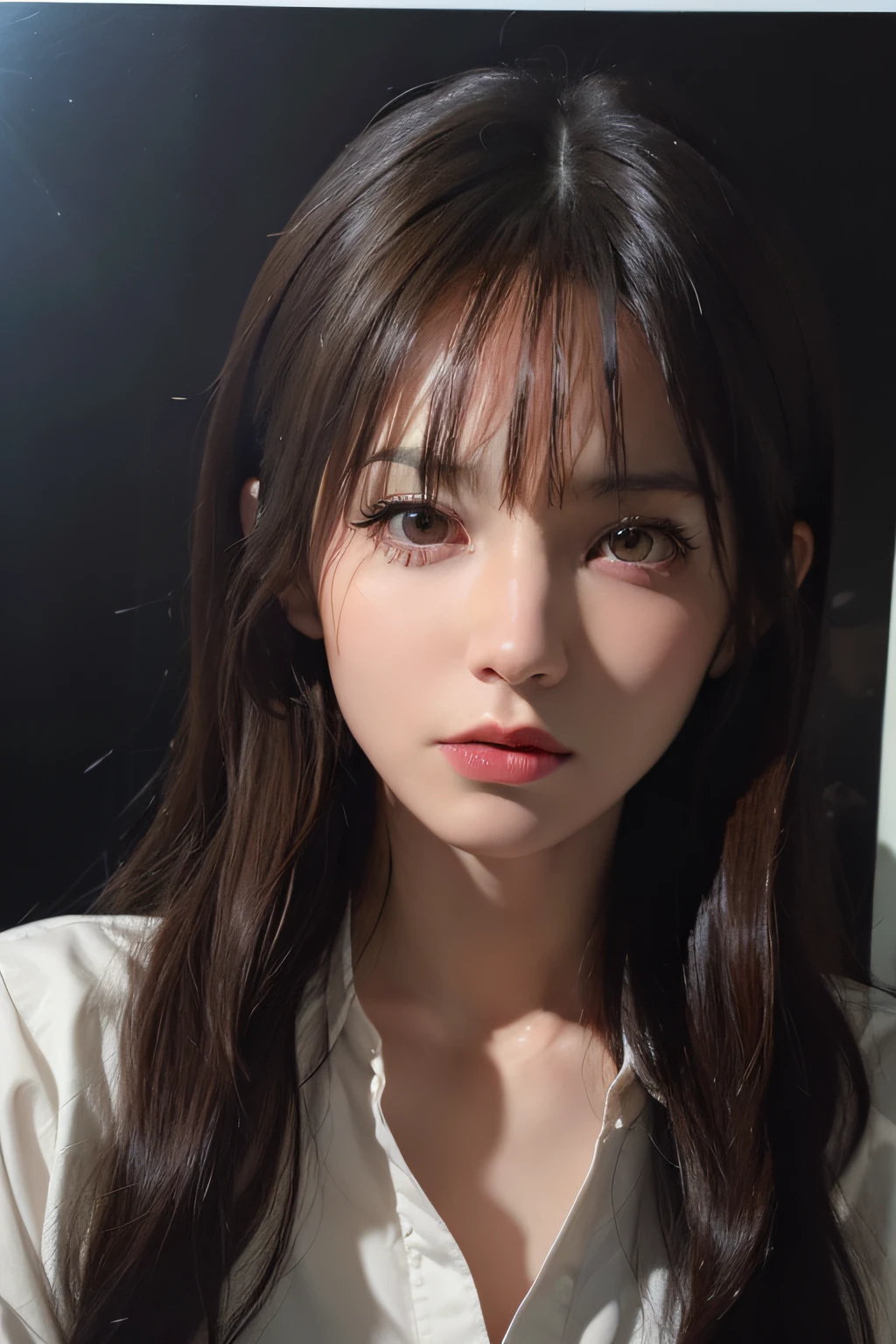 (front focus),(in the dark:1.6), Hyperrealist portrait of female by david hockney and alphonse mucha,fantasy art, photo realistic, dynamic lighting, artstation, poster, volumetric lighting, very detailed faces, 4 k, award winning,, 1girl, in the dark, deep shadow, low key,cowboy shot,(official clothing:1.4) ,long hair,white hair,