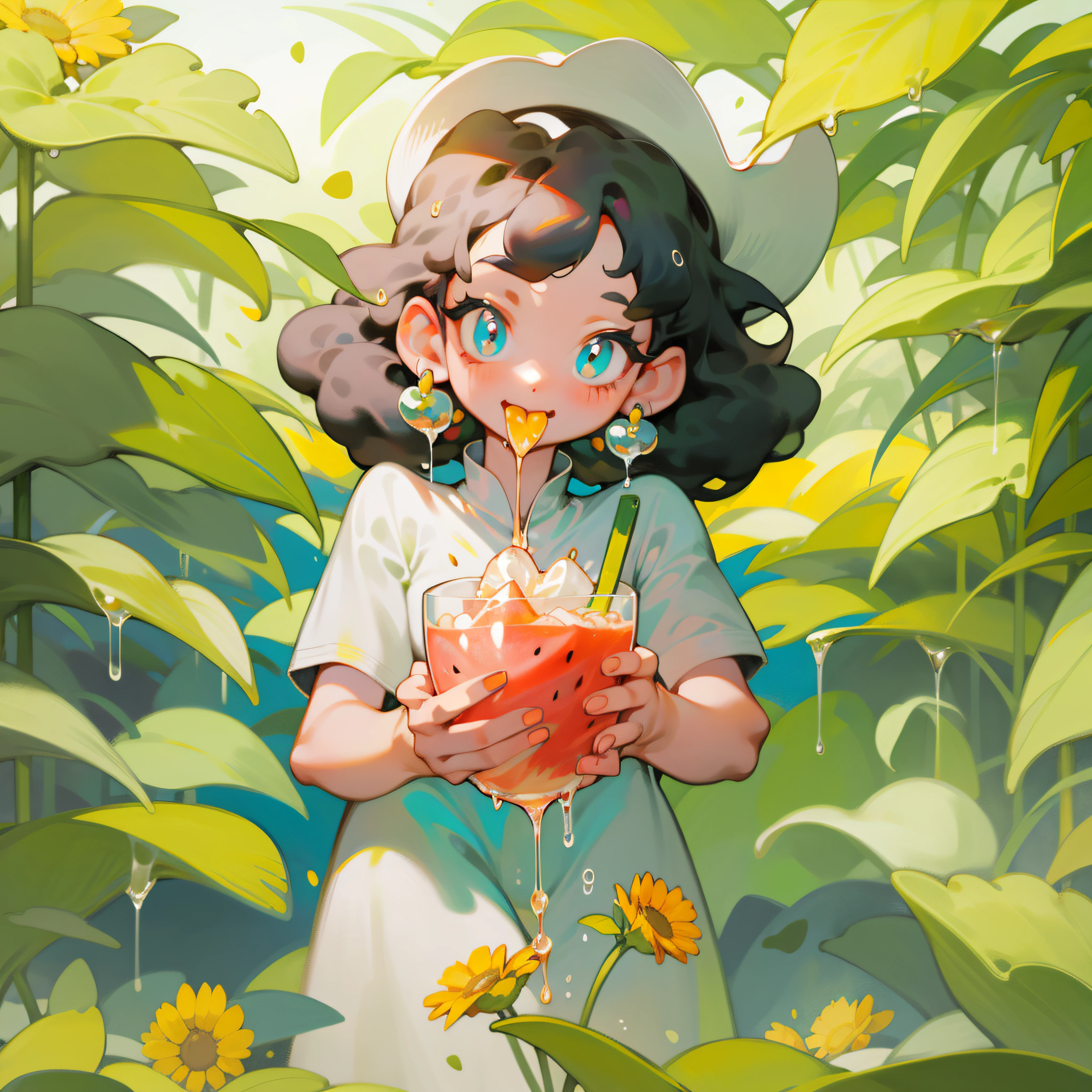 A little girl sits in a glass, happily tasting watermelon, cool liquid, sunlight, shade, colorful