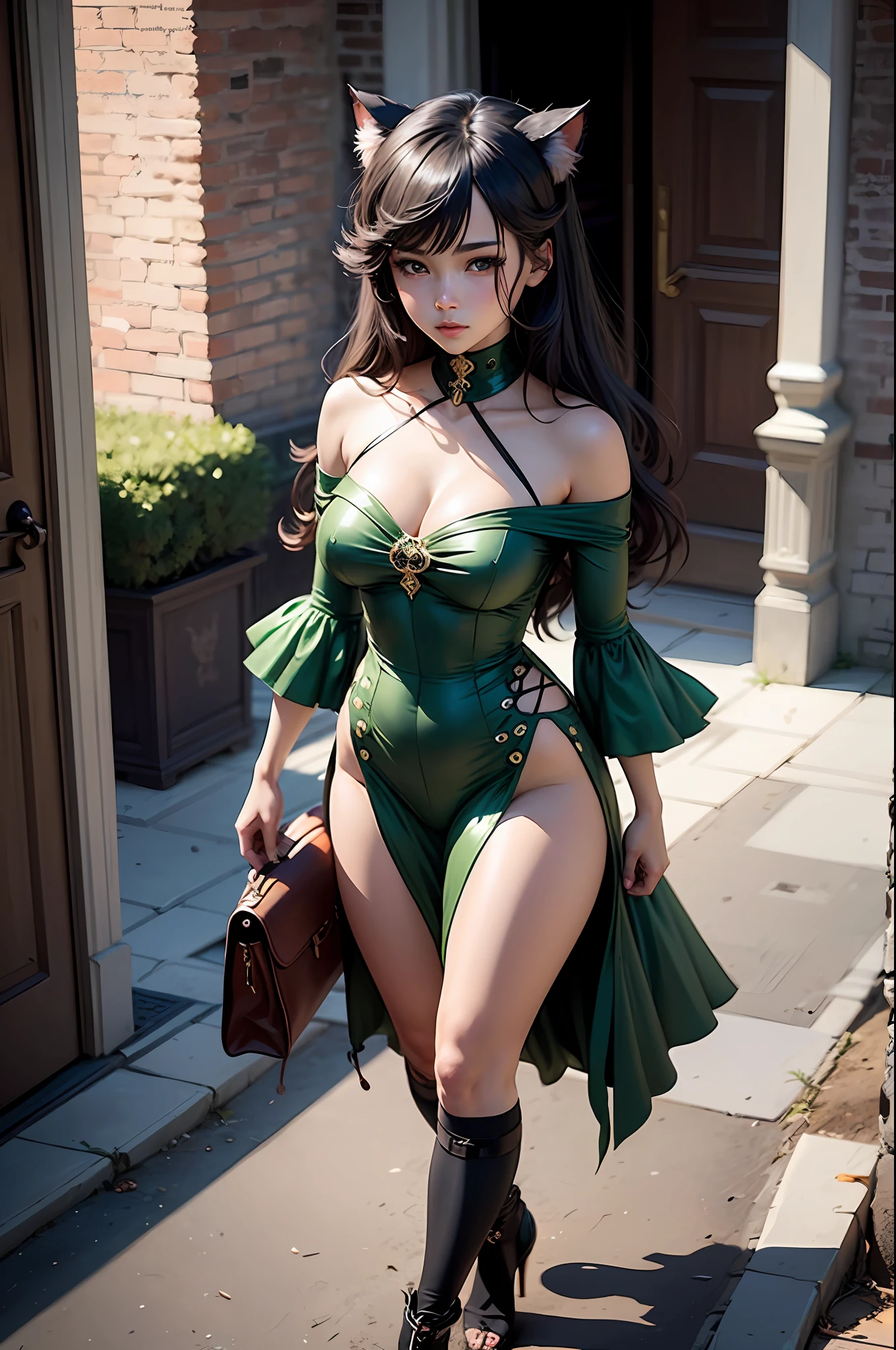 a close up of a woman in a black and green outfit, seductive anime girl, detailed digital anime art, beautiful alluring anime woman, anime goddess, beautiful anime catgirl, extremely detailed artgerm, perfect android girl, anime monster girl, very beautiful anime cat girl, anime woman, digital anime art, | fine detail anime, anime character; full body art --auto