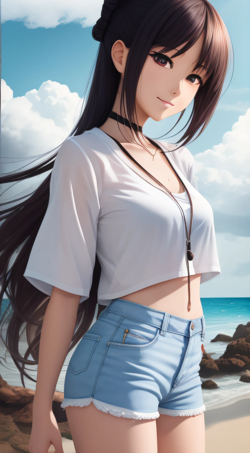 Japan anime style, 20 year old woman wearing white shorts that are cool, having fun on the beach, clean image throughout, background seaside, white clouds, high detail, high precision
