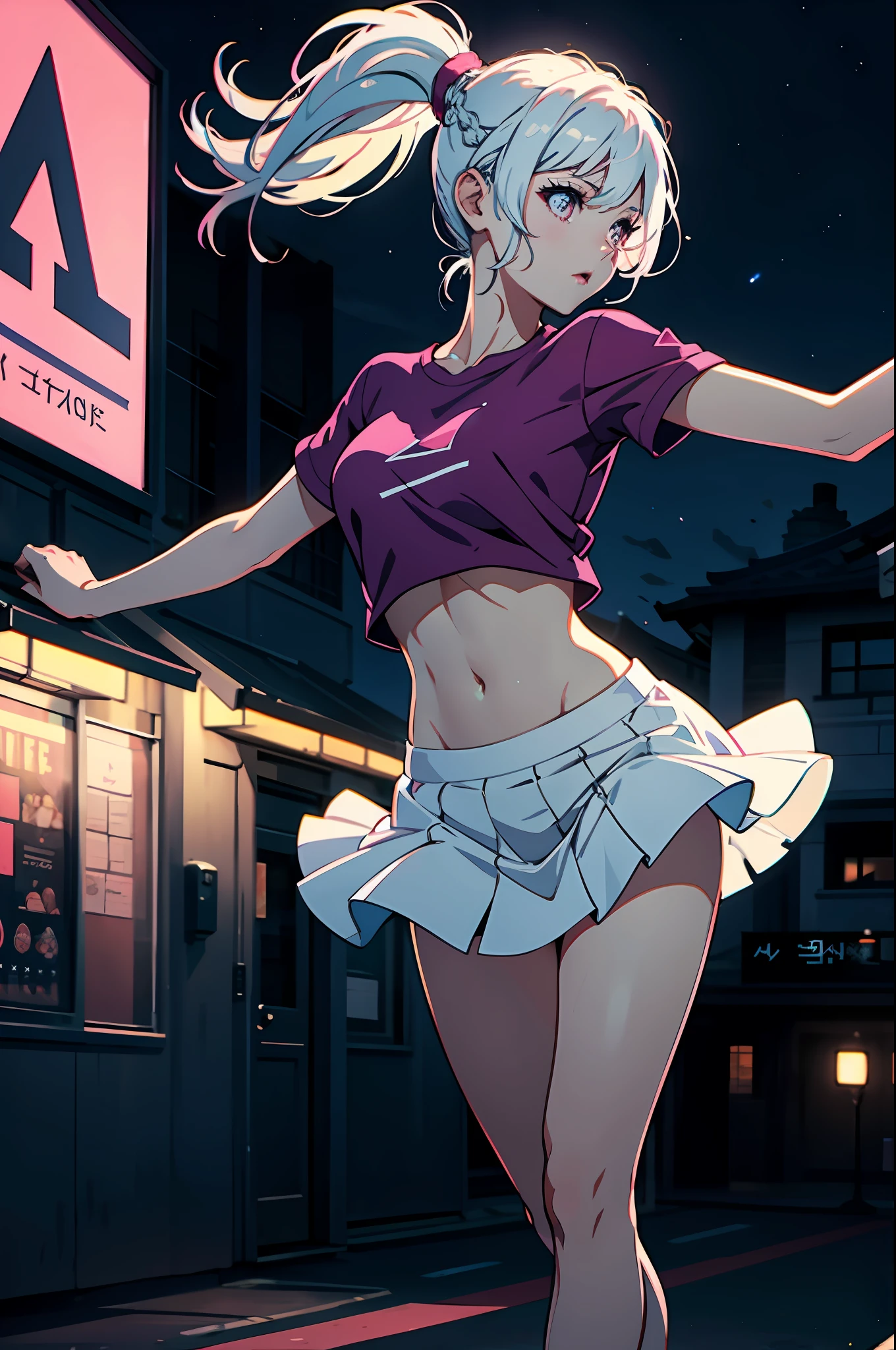 blacklight, (beautiful young Korean woman, with white hair in a braided ponytail, wearing a white tennis skirt, wearing white and pink shoes, wearing a pink shirt, toned stomach, showing midriff, dynamic pose, action scene, nighttime, dramatic lighting, star-filled sky), photorealistic, photorealism, 8k, RAW photo, highest quality, masterpiece, ultra-high resolution, physics-based rendering, best shadow, best illustration,