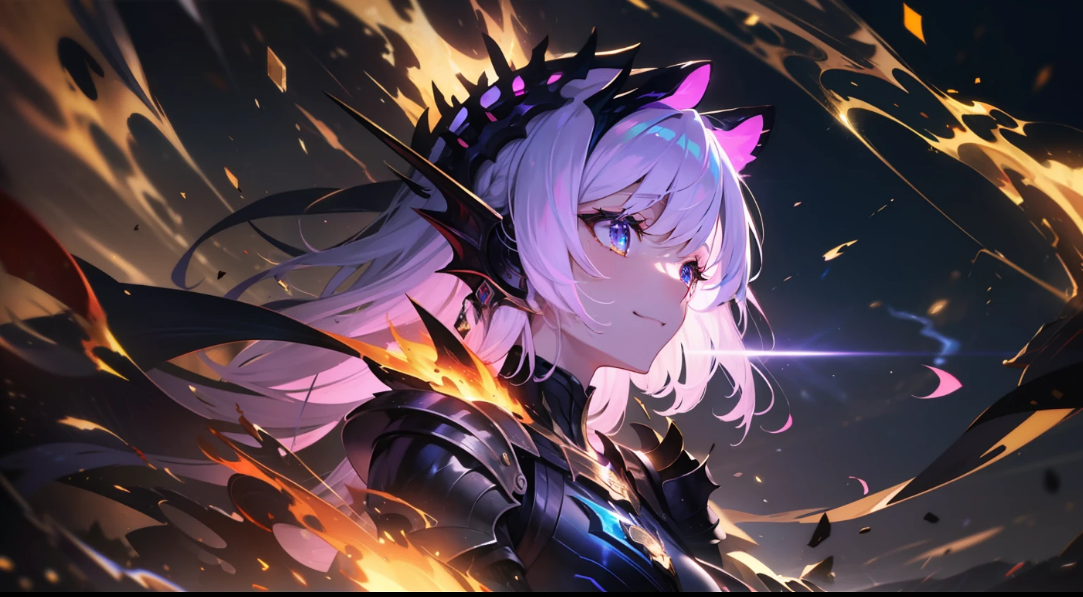 Dark Gold Armor, Female, Dark Red Dragon Horn, Five-clawed Golden Dragon in Background, Fire Effect, Thunder Effect, Purple Hair, Gradient Eyes, Grinning, High Detail, Anime, Cinematic Lighting, Glow Light, God Ray, Reflected Light, Backlight, Projection Illustration, UHD, Masterpiece, Ccurate, Textured Skin, Super Detail, Best Quality, High Resolution, Award-Limited, Hide Hand