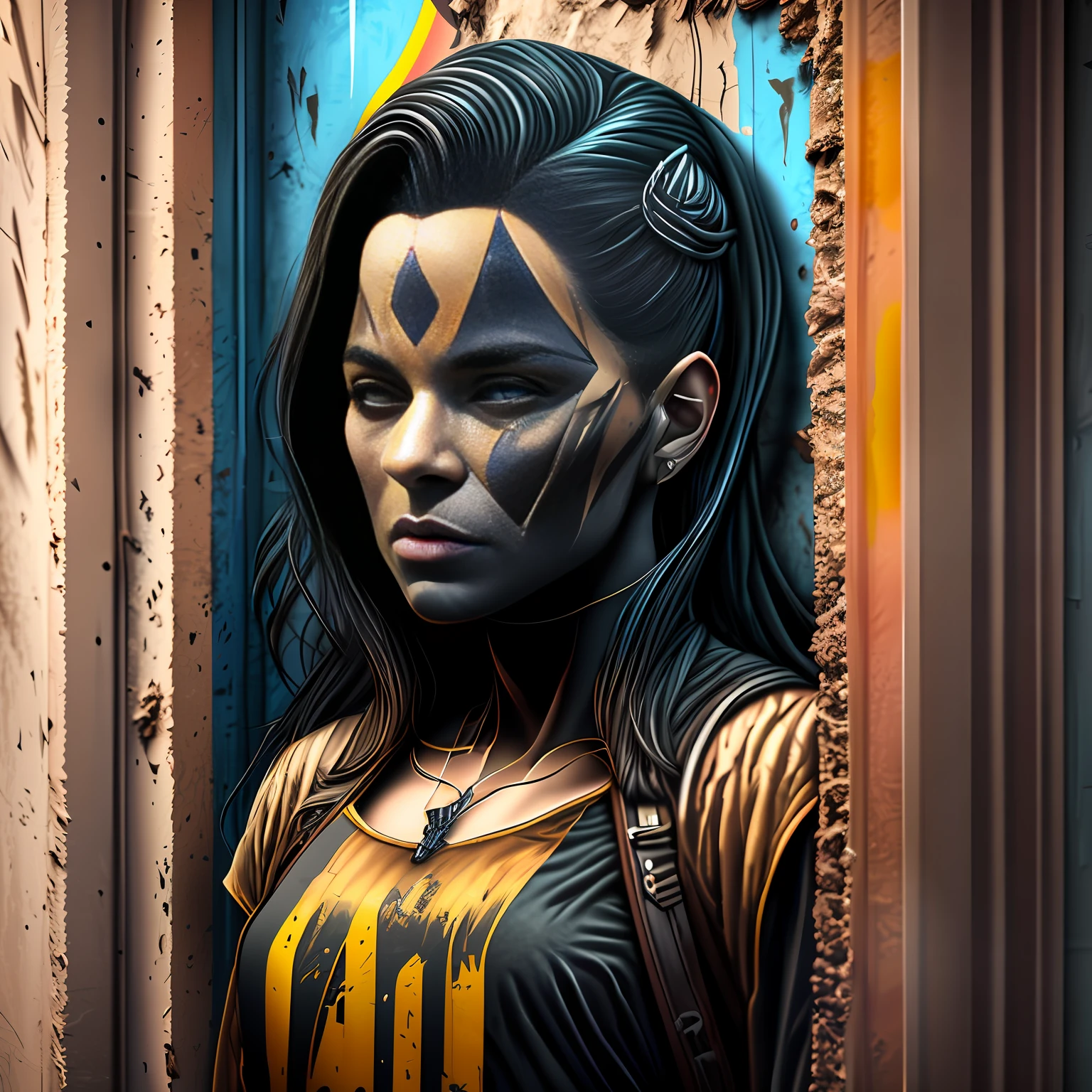 there is a woman with a face paint and a black and gold dress, epic portrait illustration, the cyberpunk girl portrait, 4k highly detailed digital art, 4k detailed digital art, unreal 5. rpg portrait, epic digital art illustration, detailed matte fantasy portrait, stylized urban fantasy artwork, artgerm julie bell beeple, street art 8 k