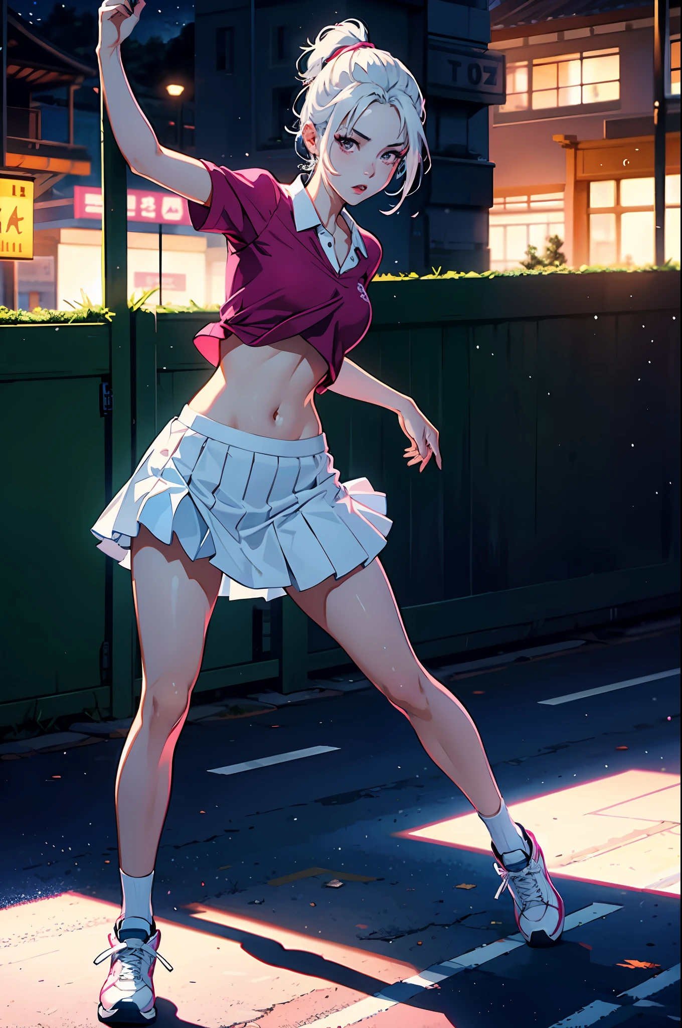 blacklight, (beautiful young Korean woman, with white hair in a braided ponytail, wearing a white tennis skirt, wearing white and pink shoes, wearing a pink shirt, toned stomach, showing midriff, dynamic pose, action scene, nighttime, dramatic lighting, star-filled sky), photorealistic, photorealism, 8k, RAW photo, highest quality, masterpiece, ultra-high resolution, physics-based rendering, best shadow, best illustration,