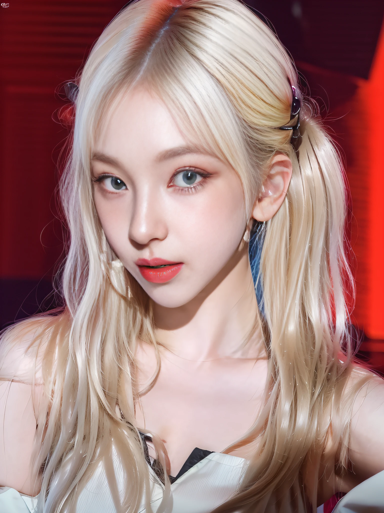 (8k, 4k, best quality, highres, ultra high res:1.1), (masterpiece, realistic, photo-realistic:1.1), 1girl, face, close-up, twintails, blonde hair, black eyes, red lips, (looking at viewer:1.5), absurdly long hair, long eyelashes, eyeshadow, small face, big eyes,
bare shoulders,
high contrast,