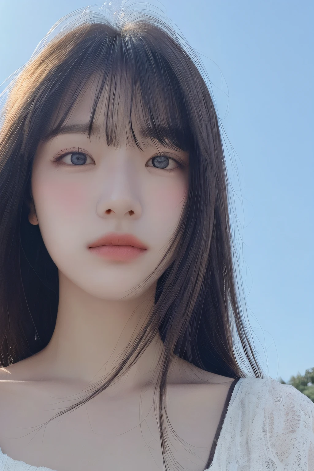 (detailed and realistic portrait of a girl with a clean face), (round eyes and long flutters hair shot outside),staring at camera,magical photography, dramatic lighting, photo realism, ultra-detailed,
intimate portrait composition, (centered image composition),(close up shot:1.6),best quality,f/1. 8, 85mm,
(28years asian woman), black_hair,(black_eyes:1.2),(bangs),makeup,white_dress,
(hazy blue_sky_background)