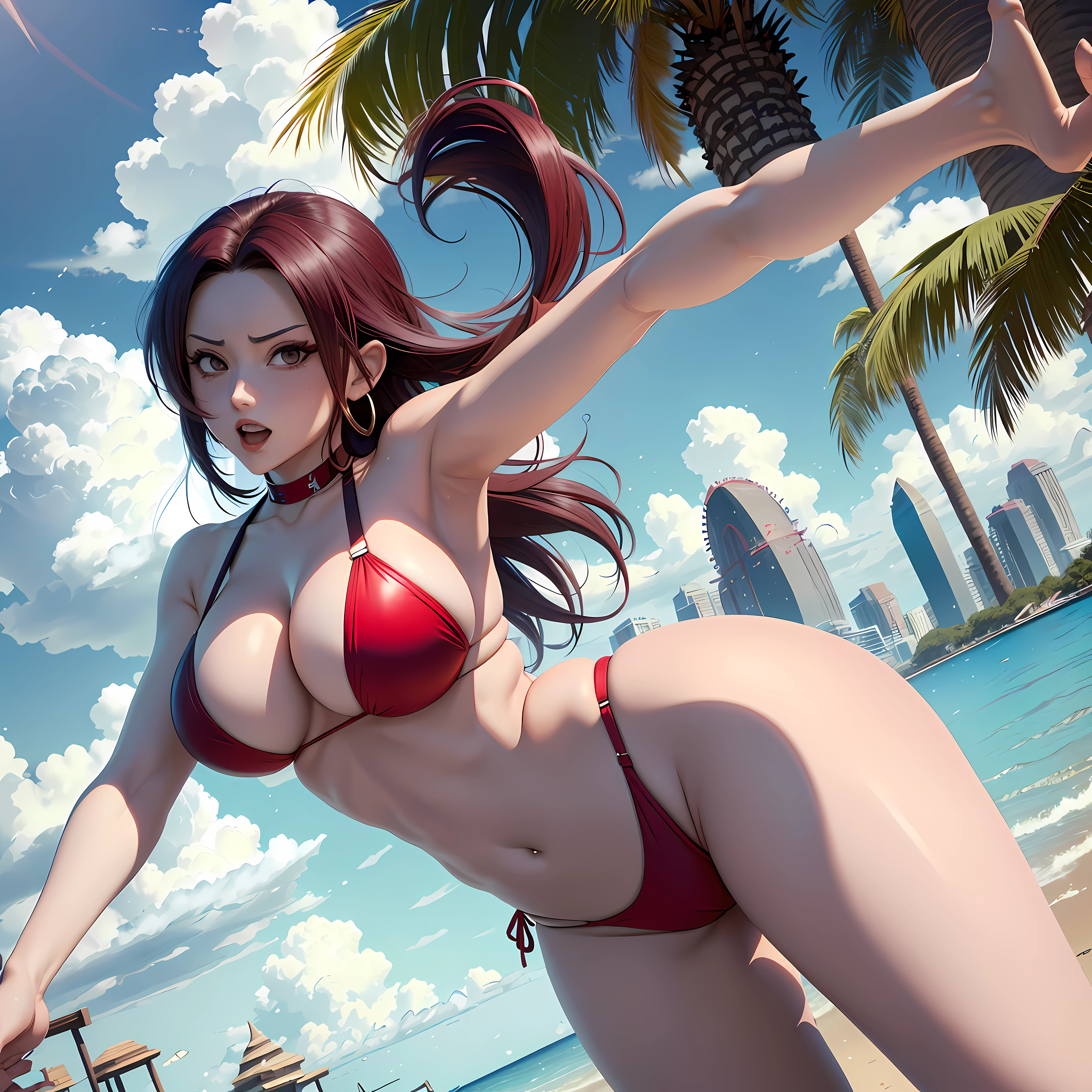 Momo yaoyorozu with a creazy expression a naoughty smirk a slutty attitude an hourglass figure huge tits Big ass fit body and a wasp waist wearing a tight red bikini, moaning --auto --s2