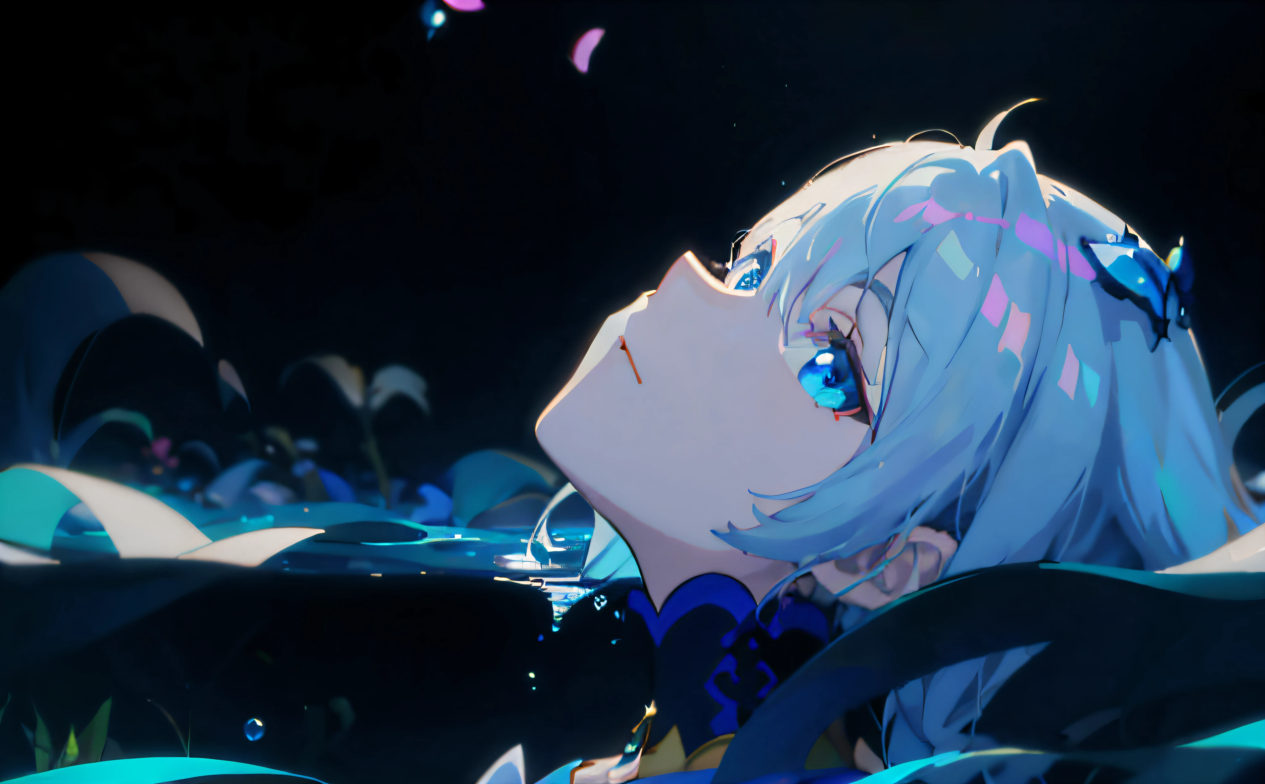Anime girl with blue eyes long hair in the sea, looking at the audience, beautiful and delicate eyes, delicate and beautiful face, best anime 4k konachan wallpaper, anime blue water wallpaper, anime art wallpaper 4k, anime art wallpaper 4k, anime art wallpaper 8K, 4K anime wallpaper, anime style 4K, anime wallpaper 4K, anime wallpaper 4K, rem Cree zero, glossy anime land, ((masterpiece)), (((bestquality))), ((super detailed), ((illustration)),dynamicangle,((solo:1.4)) 1girl,kimono,(cowboy shot:1.4), long hair, light simle,light bush, ((bubble)), (solo:1.2), (reflective water: 1.2), ((partially underwater shooting)), ripples, floating flowers, flowers, glowing butterflies, ((water)), caustics, moon, blue theme, ((lying)), nose, ((realistic)), 8k wallpaper, masterpiece, cinematic lighting, top quality, illustration, dramatic angle, ((color: 1.1)), ((color inner hair: 1.4)), 1 girl, solo, long hair, water, blue eyes, ponytail, liquid hair, white hair, bangs, bangs, from side, silhouette, upper body, blue hair, pink hair, bare shoulders, bare neck, collarbone, portrait, between hair, colorful hair