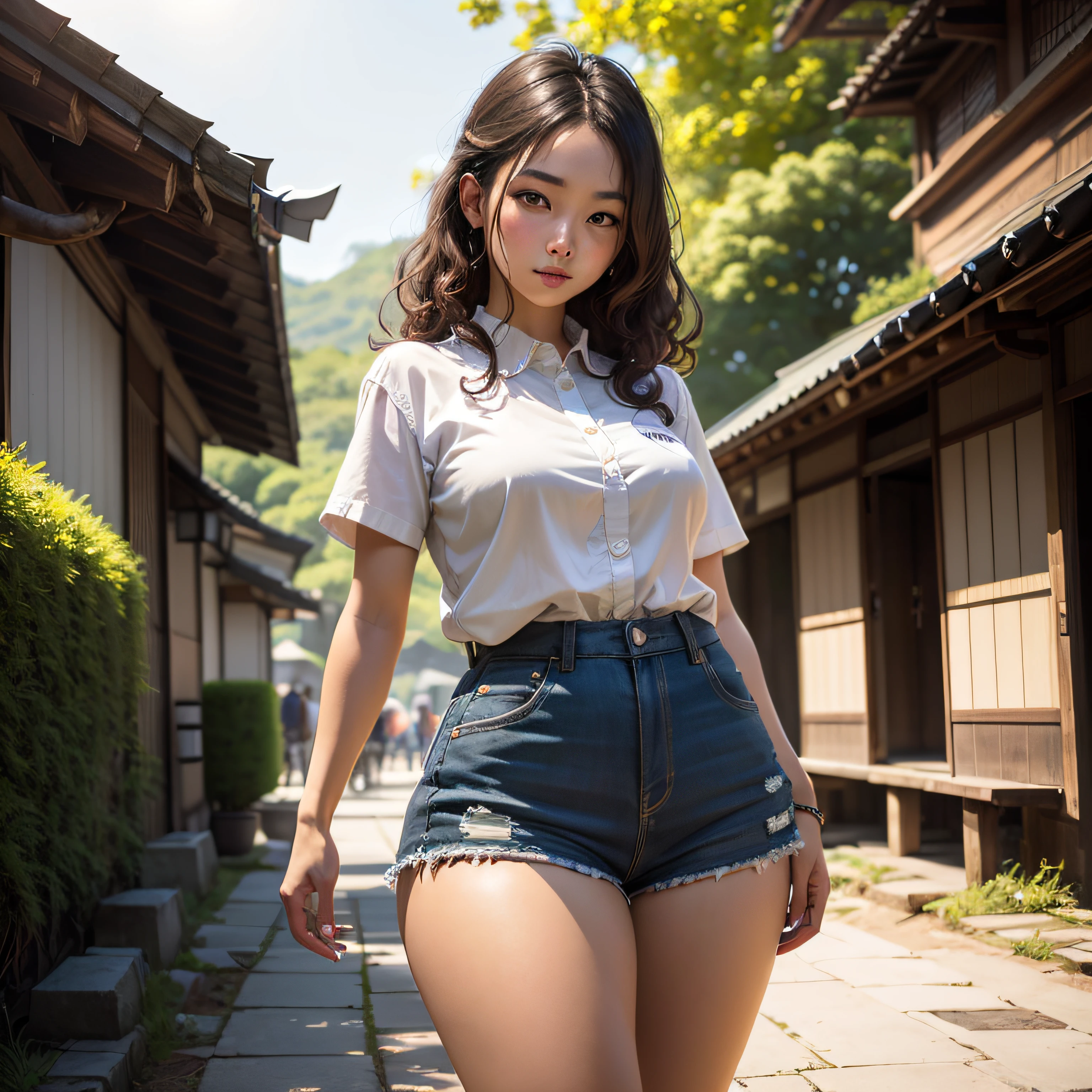 i gril, Japanese, solo, looking at the viewer, standing, little curly brown hair, white skin, brown eyes, fleshy mouth, red wine-colored lipstick, slightly reddish cheeks, small smile, closed mouth, very large breasts, very thick thighs, white shirt, short sleeves, black choir shorts, in the middle of a stone road, around houses of ancient Japanese architecture,  village, very green vegetation brings it, trees in the background, people in the background, natural solar lighting, depth lighting, sharp focus, hyper detailed, trend in the Art station, intricate details, tone mapping, best quality, masterpiece --auto