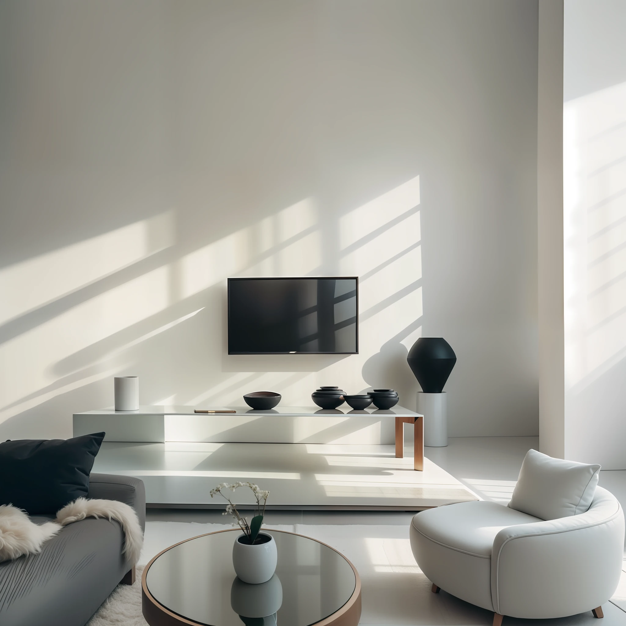 Off-white small living room, minimalist style, small sideboard, mirror, natural light, professional shooting, minimalist style::2, large living room:::1, center composition, tilt shift, Quesel Megascan rendering, morning light, black--no There is content on the wall The floor is not clean The lighting is messy Table Coffee table and tabletop