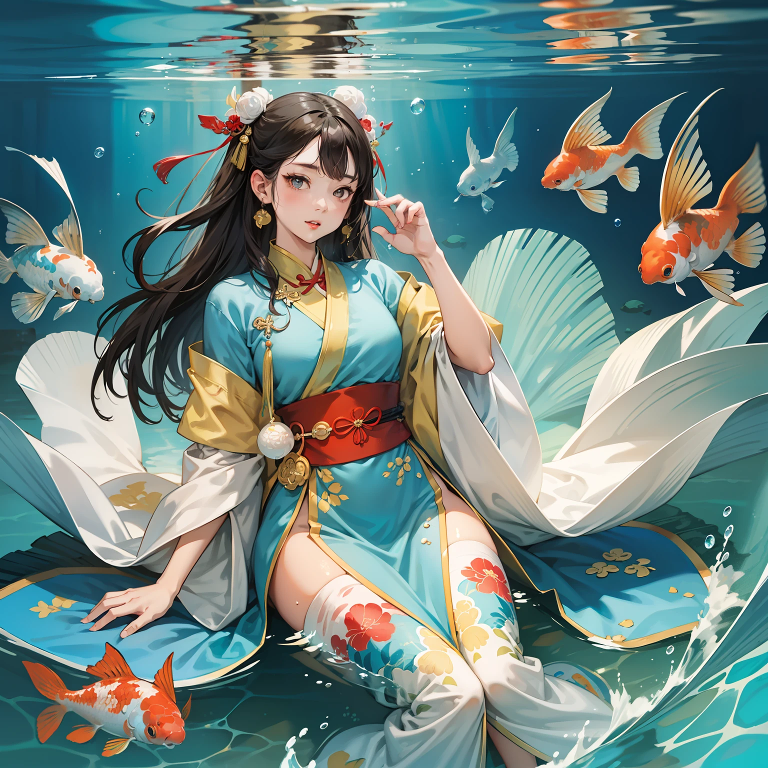 A girl in Chinese Hanfu, Peking Opera elements,swim underwater, yellows、blue color、,with big eyes,Surrounded by bubbles and three koi, Rule of Thirds composition,Tyndall effect, drops of water,comic pinup style,Salted fish midstream and downstream style, Light refracts,Rich color