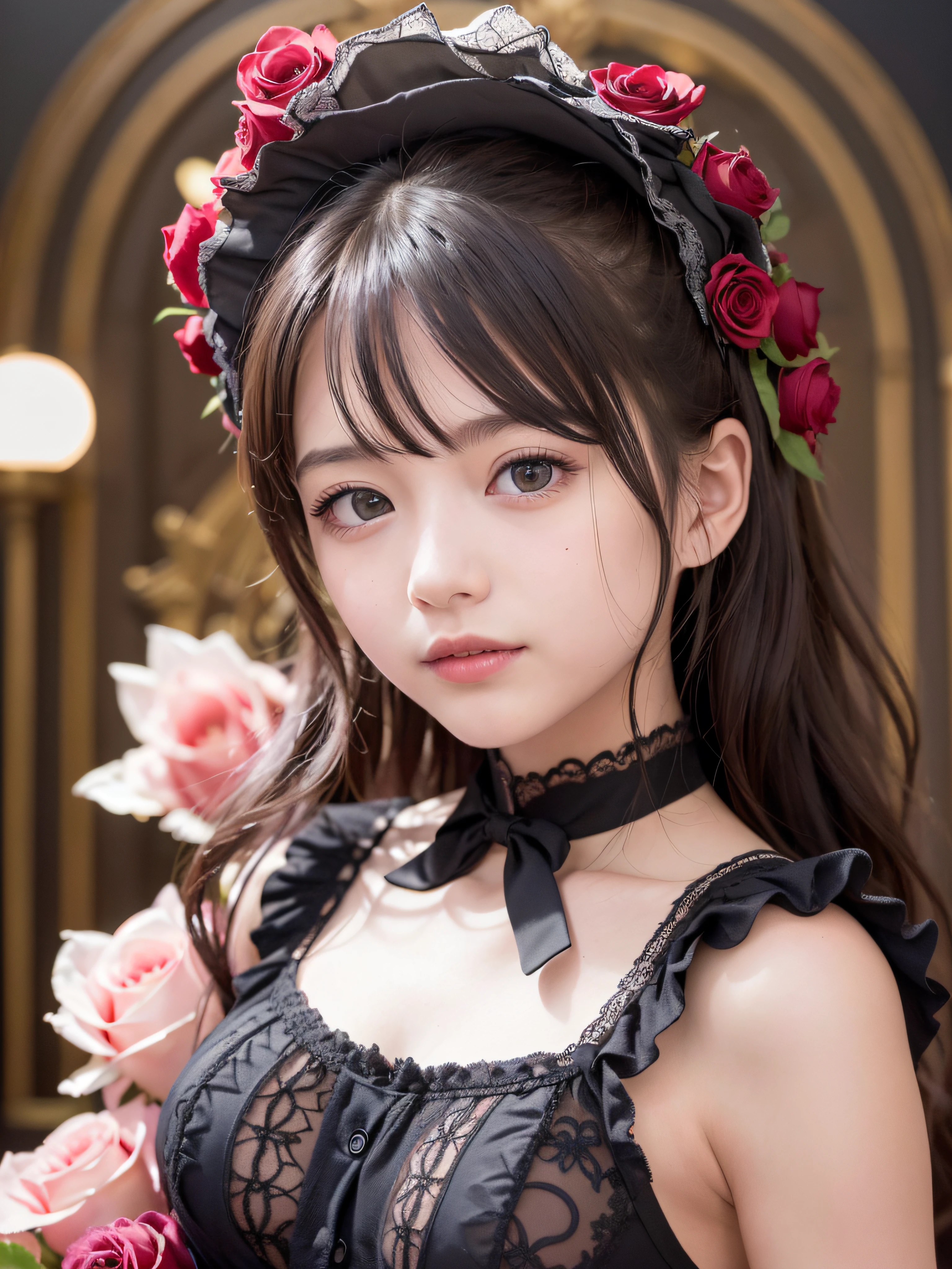 1 nogizaka girl, utterly cute, bishojo, 12yo, (gothic lolita fashion), an exquisitely detailed and beautiful face and eyes and skin, detailed black shine hair, elegant frills, frilled tie, ribbon tie, rose hair accessory, (large breasts), smile at the camera, full body, castles scenery in europe, professional lighting, (realistic, photo-realistic:1.37), incredibly absurdres, (insanely detailed:1.3), 8k, (masterpiece), (best quality:1.4), (ultra high res:1.2), (RAW photo:1.2), (a dress with delicate lace, soft fabric, and a beautiful rose pattern), perfect anatomy, 4fingers and 1thumbs, ultra detailed background, (unity 8k wallpaper)