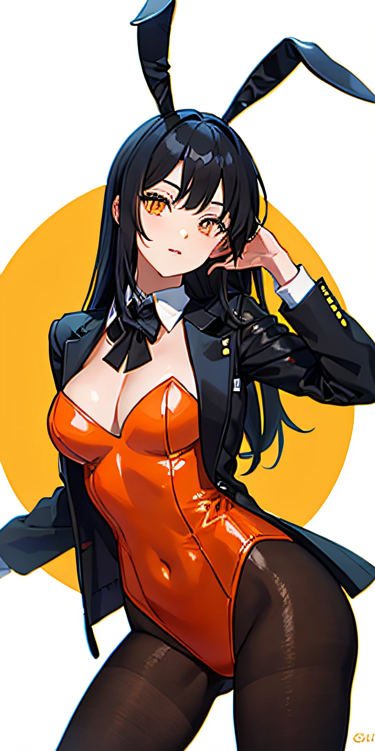black hair, orange eyes, black rabbit ears, orange playboy bunny suit