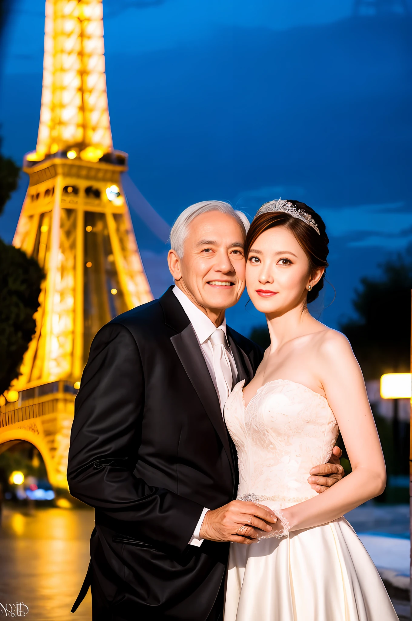 Elderly bride and elderly groom posing in front of Eiffel Tower for photos, professional wedding photography, luxury wedding, silver bride and groom, wedding photos, wedding photography, couple pose, stunning elegant pose, lovely couple, elegant pose, beautiful and elegant, dramatic lighting! N-9, full-body photogenic, with natural light as a background