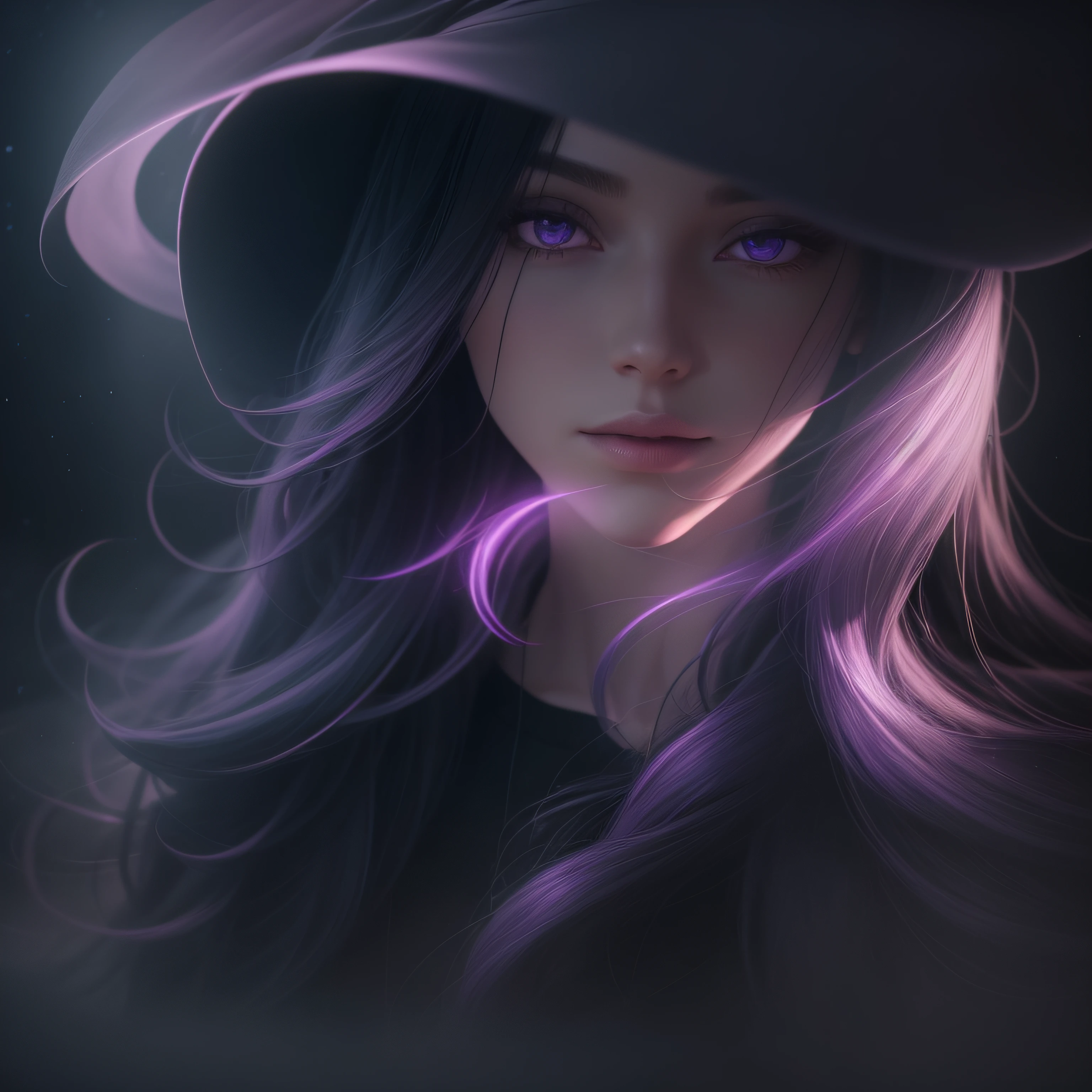 Woman walking head-on down a road at night, with fog and shadows, wavy and long black hair, detailed hand and fingers, high quality, ultra-detailed, 8k, masterpiece, (volumetric lighting), black magic, fanciful, lilac colors, purple, black and vivid shadows on the woman's return. --auto --s2
